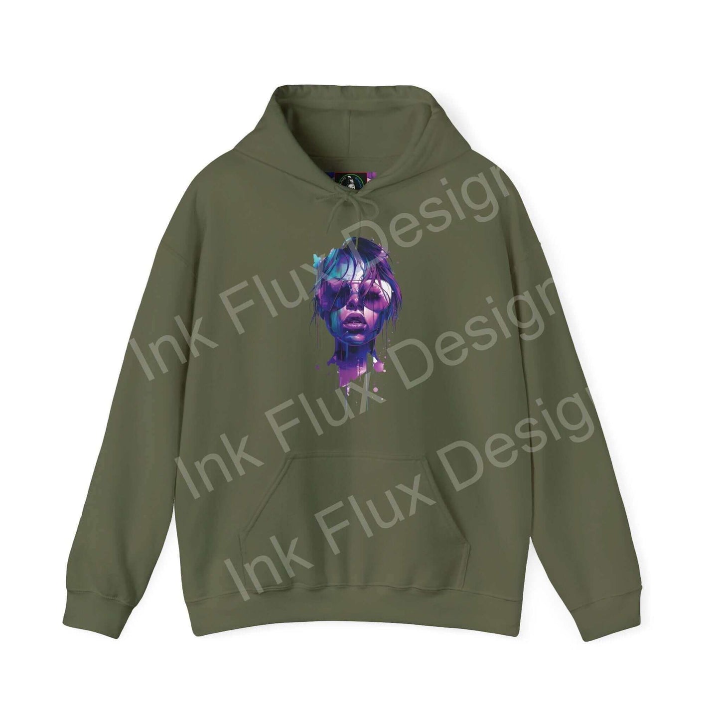 Olive green graphic hoodie with a vibrant abstract face design, showcasing bold designs for unisex fashion.