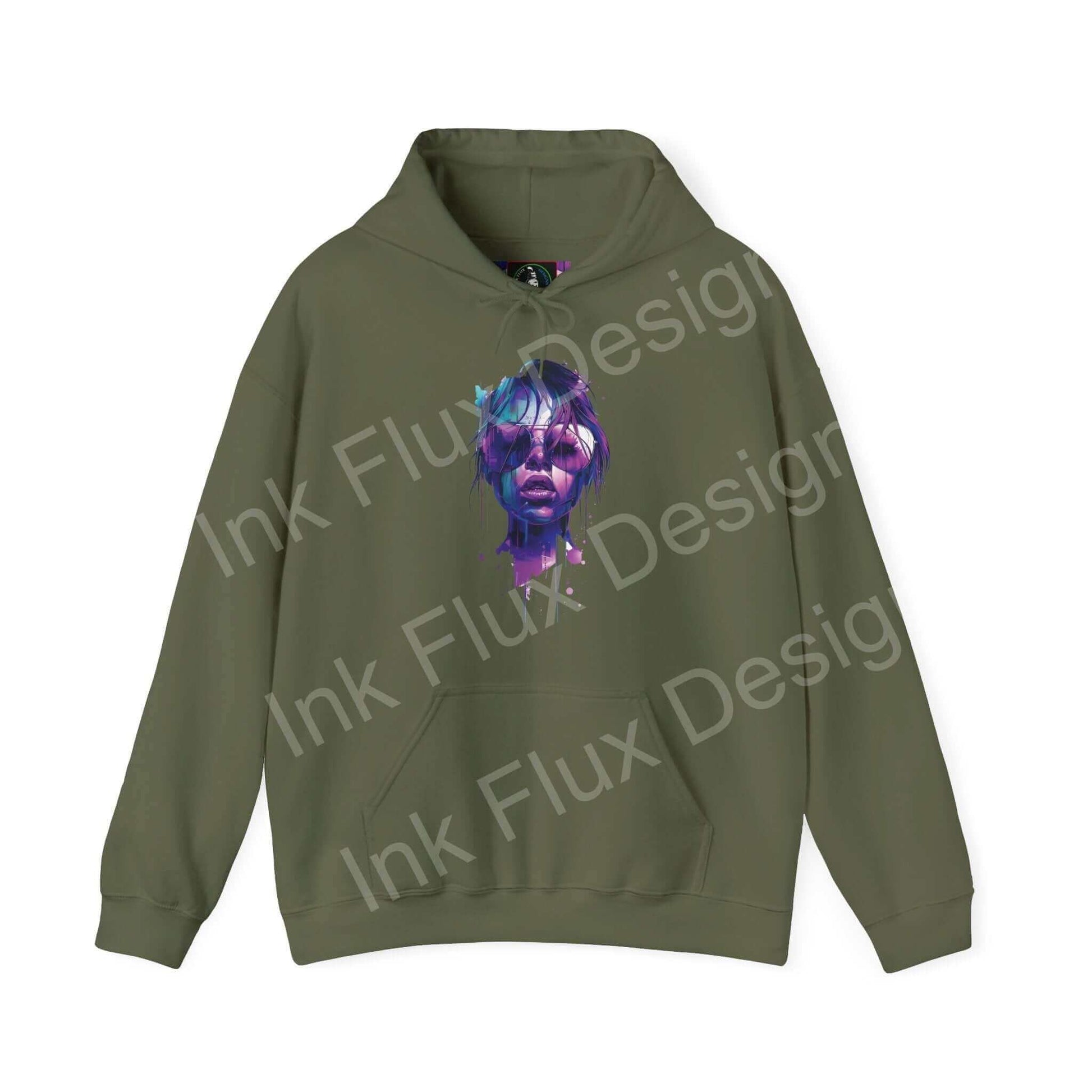 Olive green graphic hoodie with a vibrant abstract face design, showcasing bold designs for unisex fashion.