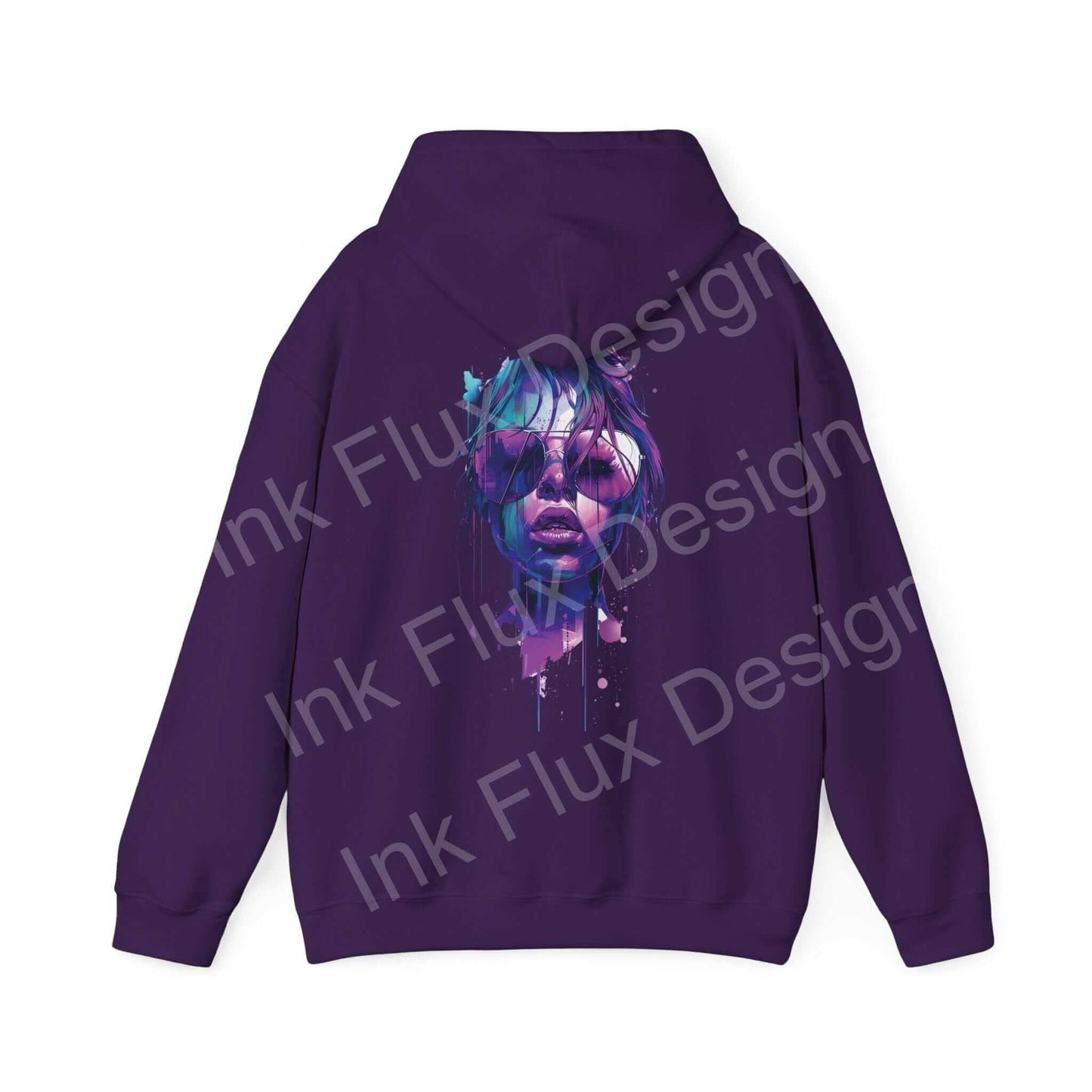 Purple 'Cool Shades' hooded sweatshirt featuring a bold graphic design of a stylized female face in cool tones, ideal for those seeking creative and comfortable graphic hoodies.