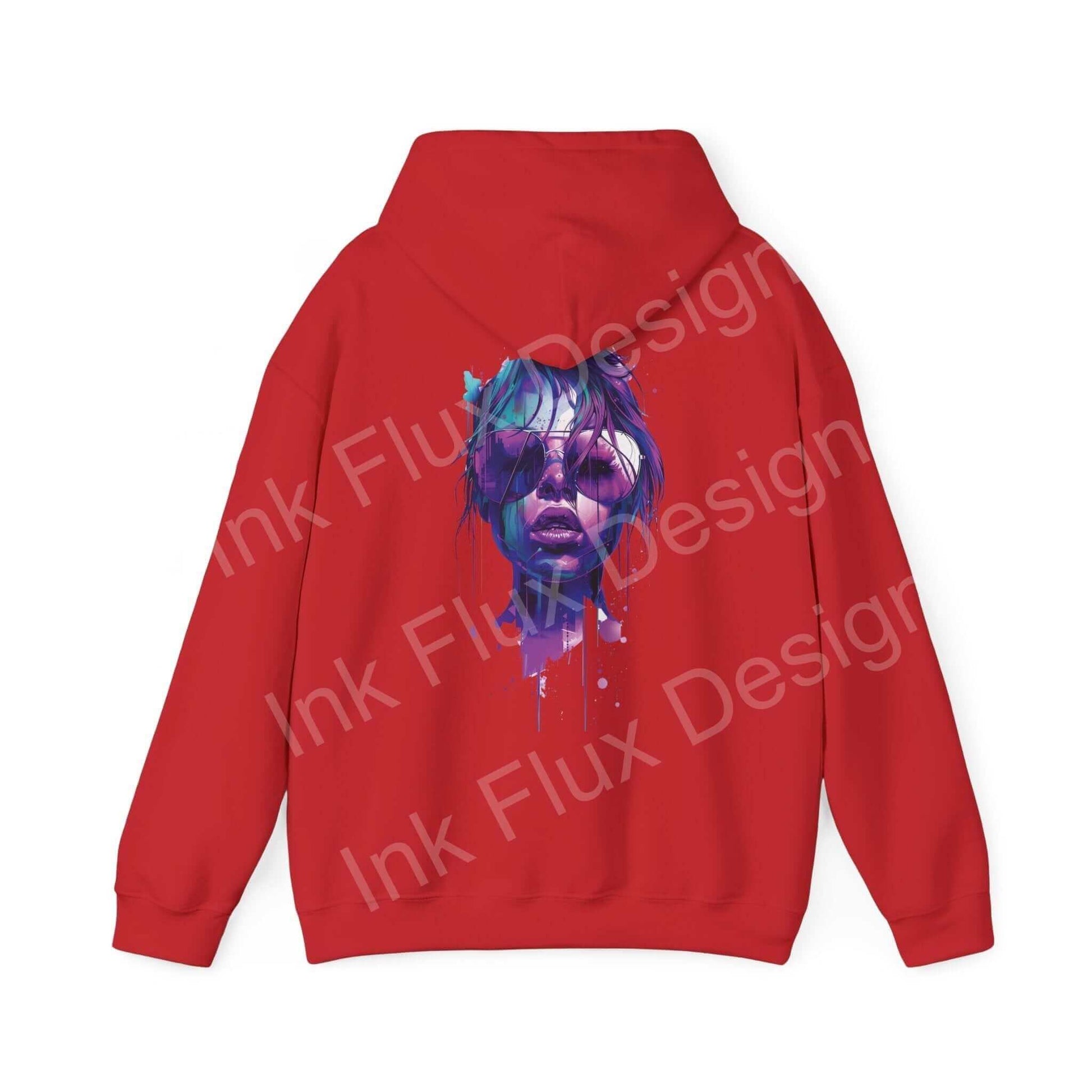 Red hooded sweatshirt with a bold graphic design of a colorful abstract face on the back, showcasing a stylish and artistic hoodie.