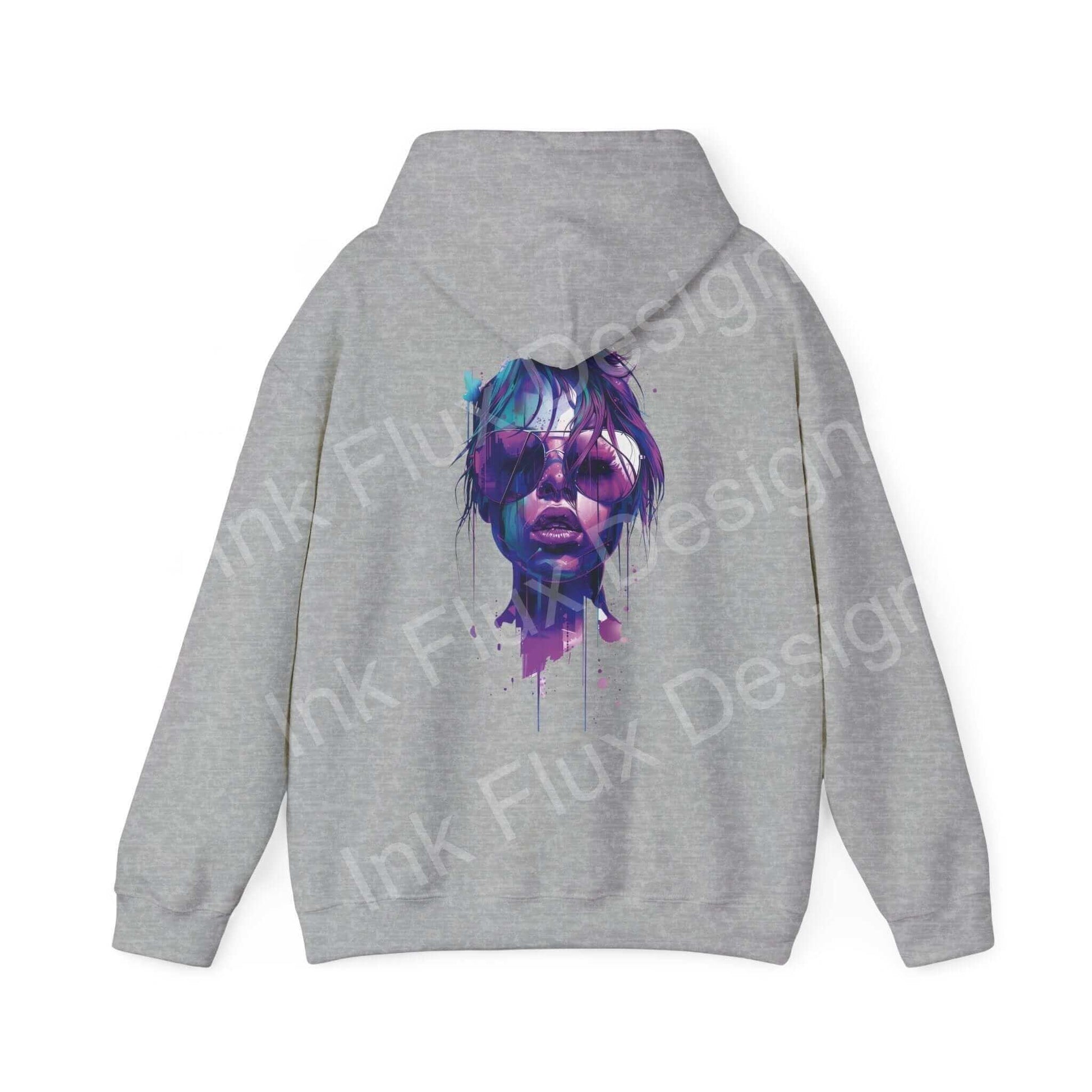 Back view of a gray Cool Shades Hooded Sweatshirt featuring a bold graphic design of a colorful abstract face.