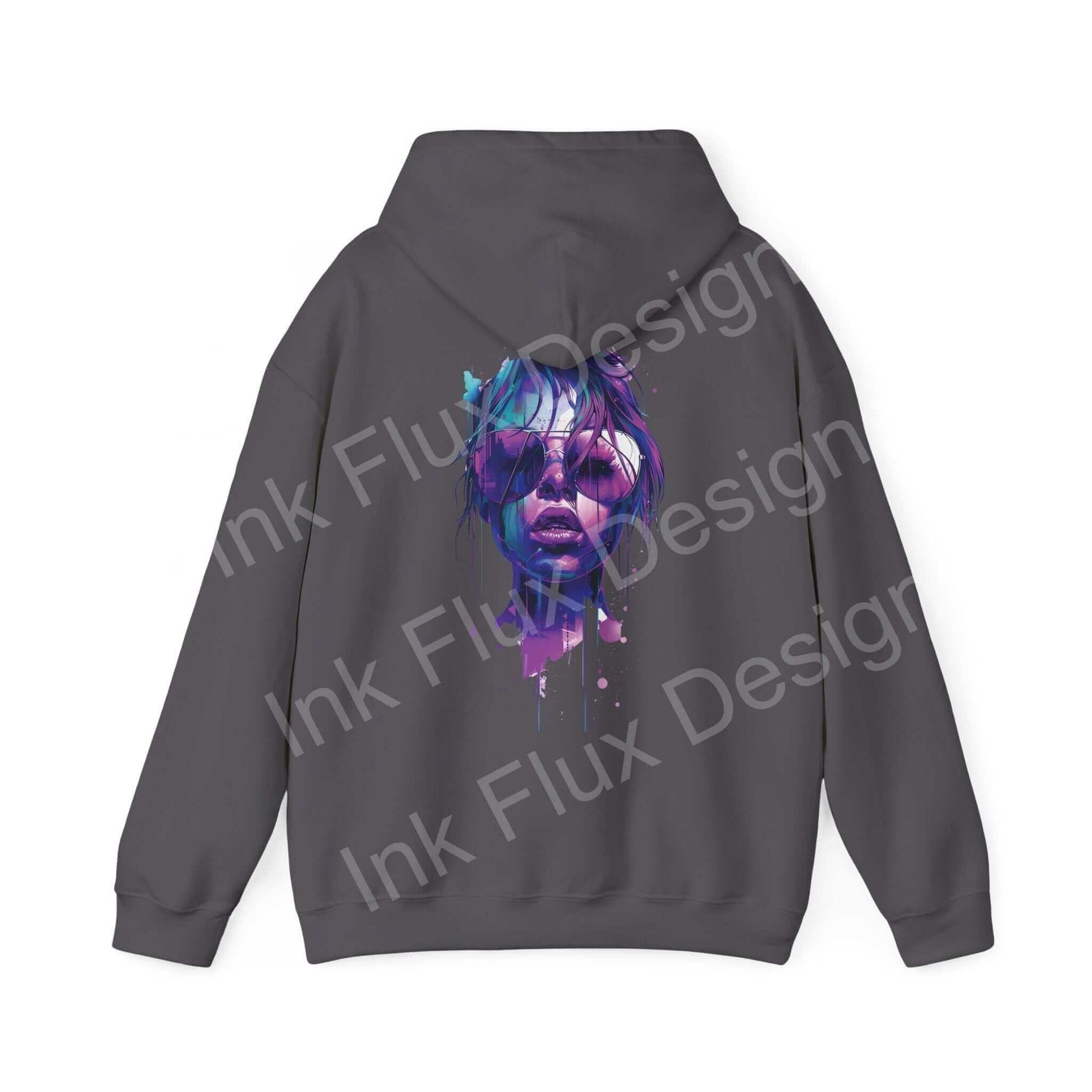 Back view of a gray Cool Shades Hooded Sweatshirt featuring a vibrant, abstract face design in purple and blue tones, showcasing bold graphic hoodie style.