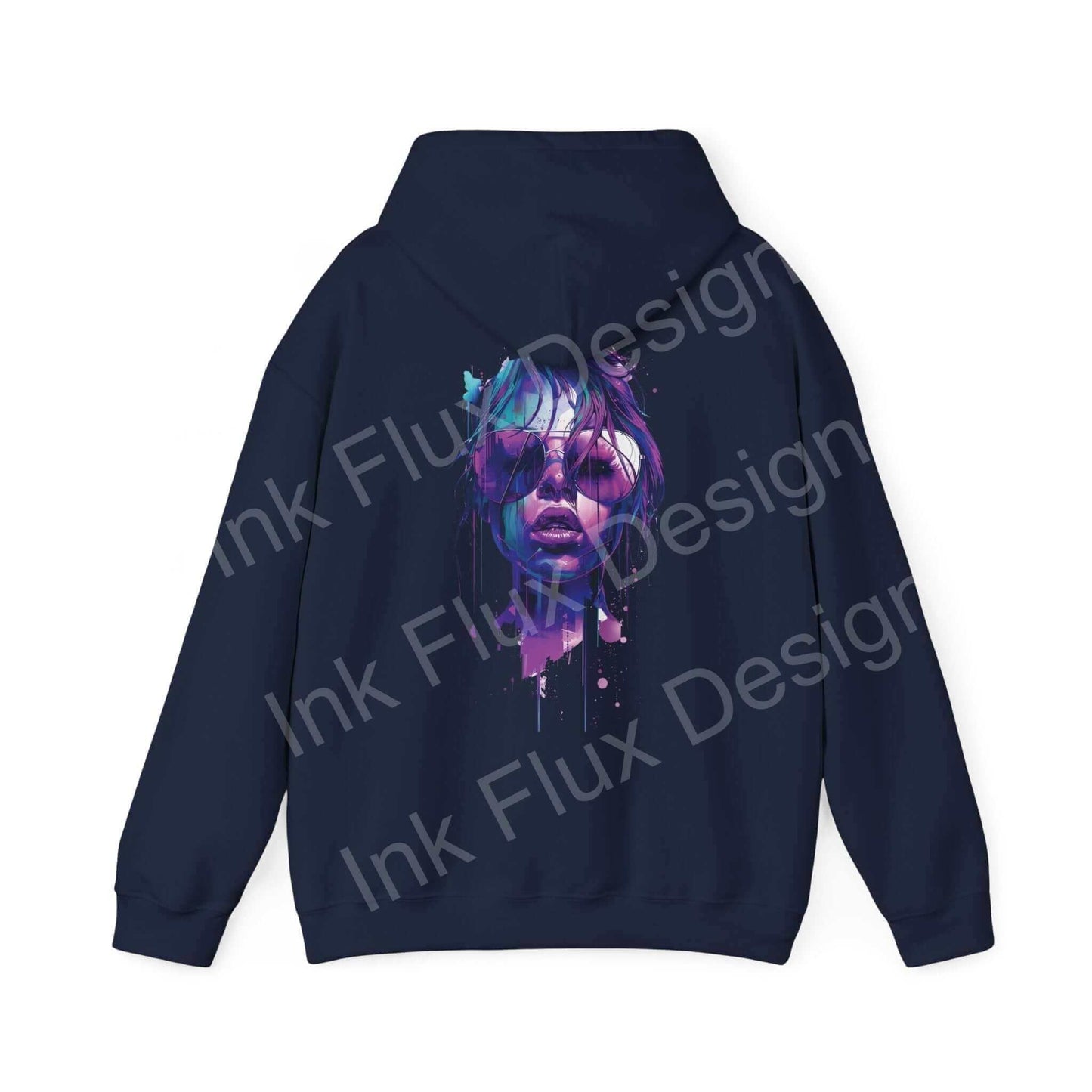 Navy blue graphic hoodie featuring a bold, vibrant face design in shades of purple and blue, ideal for stylish, casual wear.