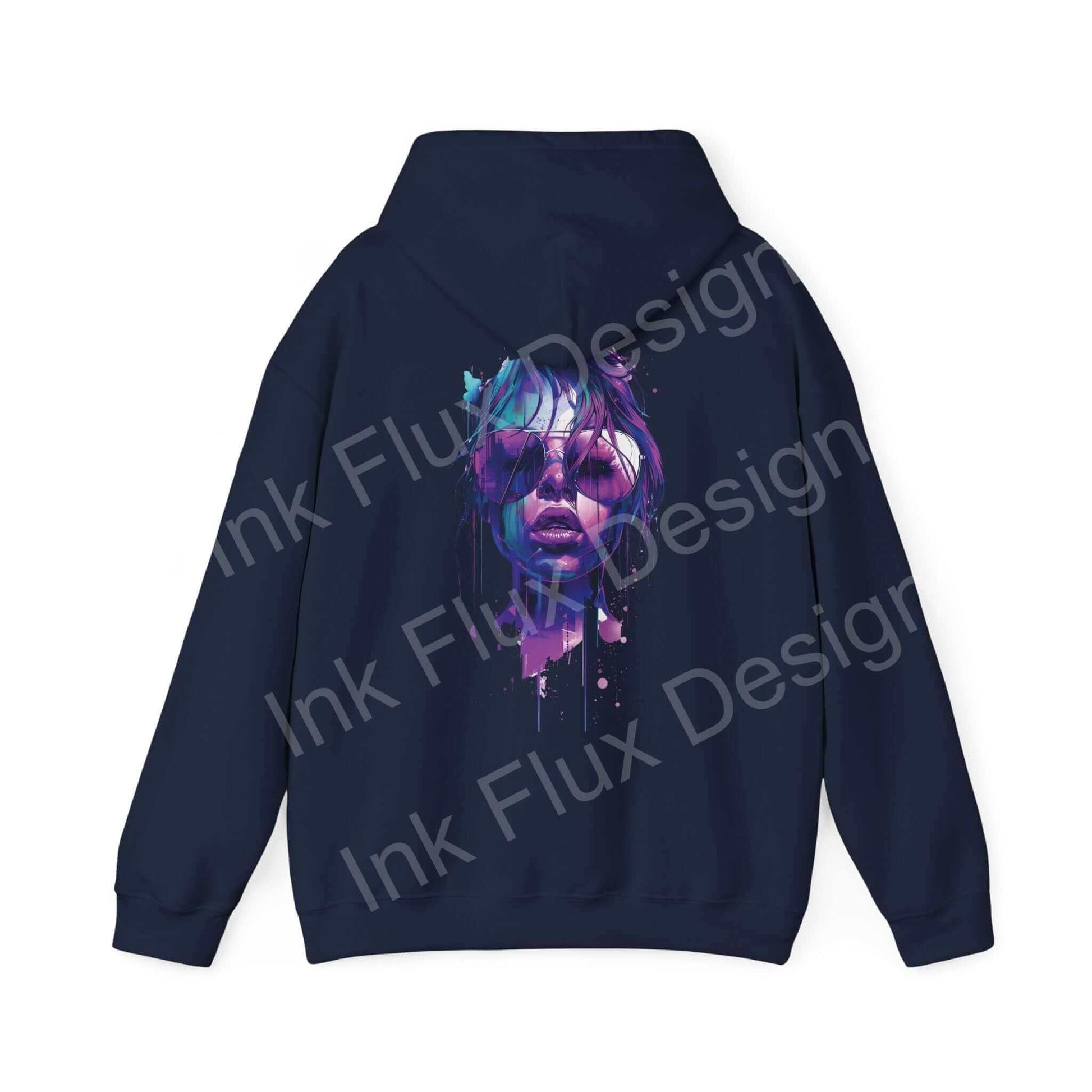 Navy blue graphic hoodie featuring a bold, vibrant face design in shades of purple and blue, ideal for stylish, casual wear.