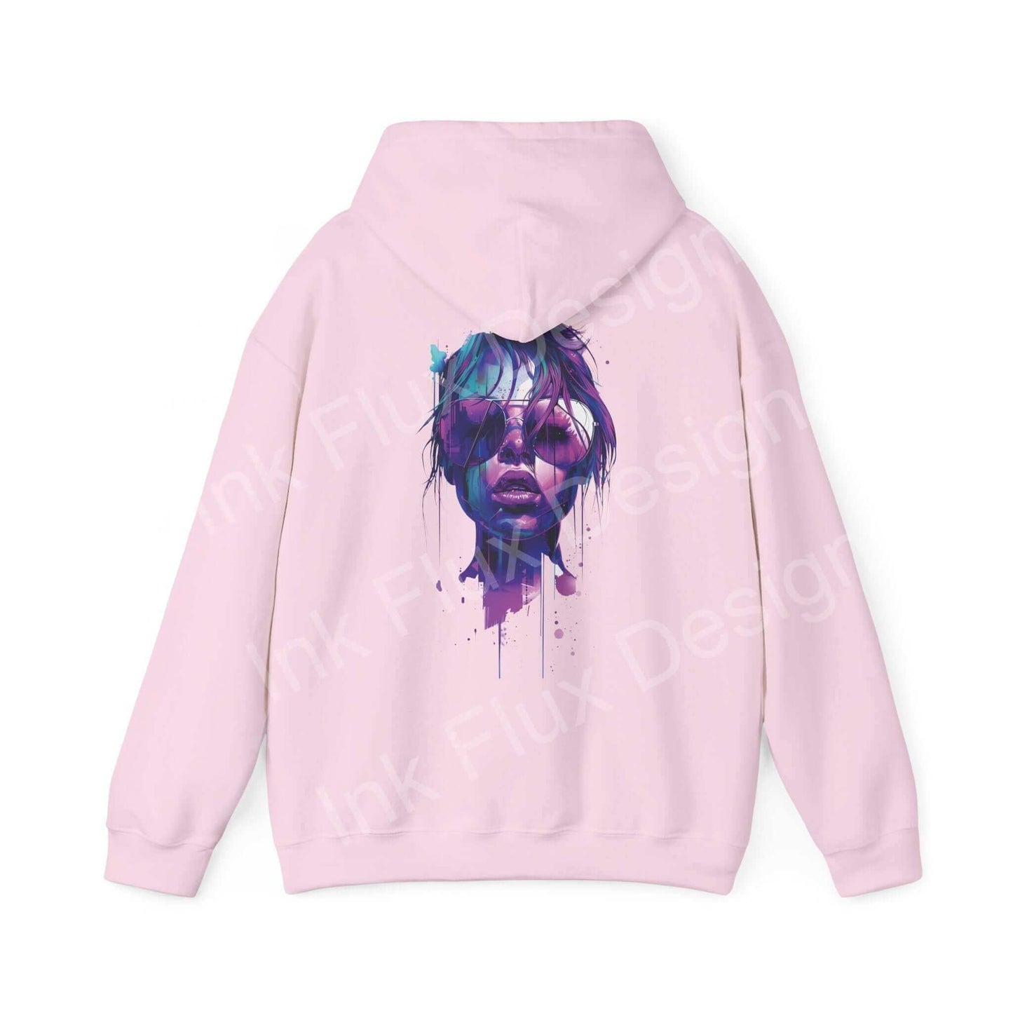 Pink Cool Shades Hooded Sweatshirt with a boldly designed graphic of a dripping face in purple hues, highlighting comfortable and stylish unisex apparel.