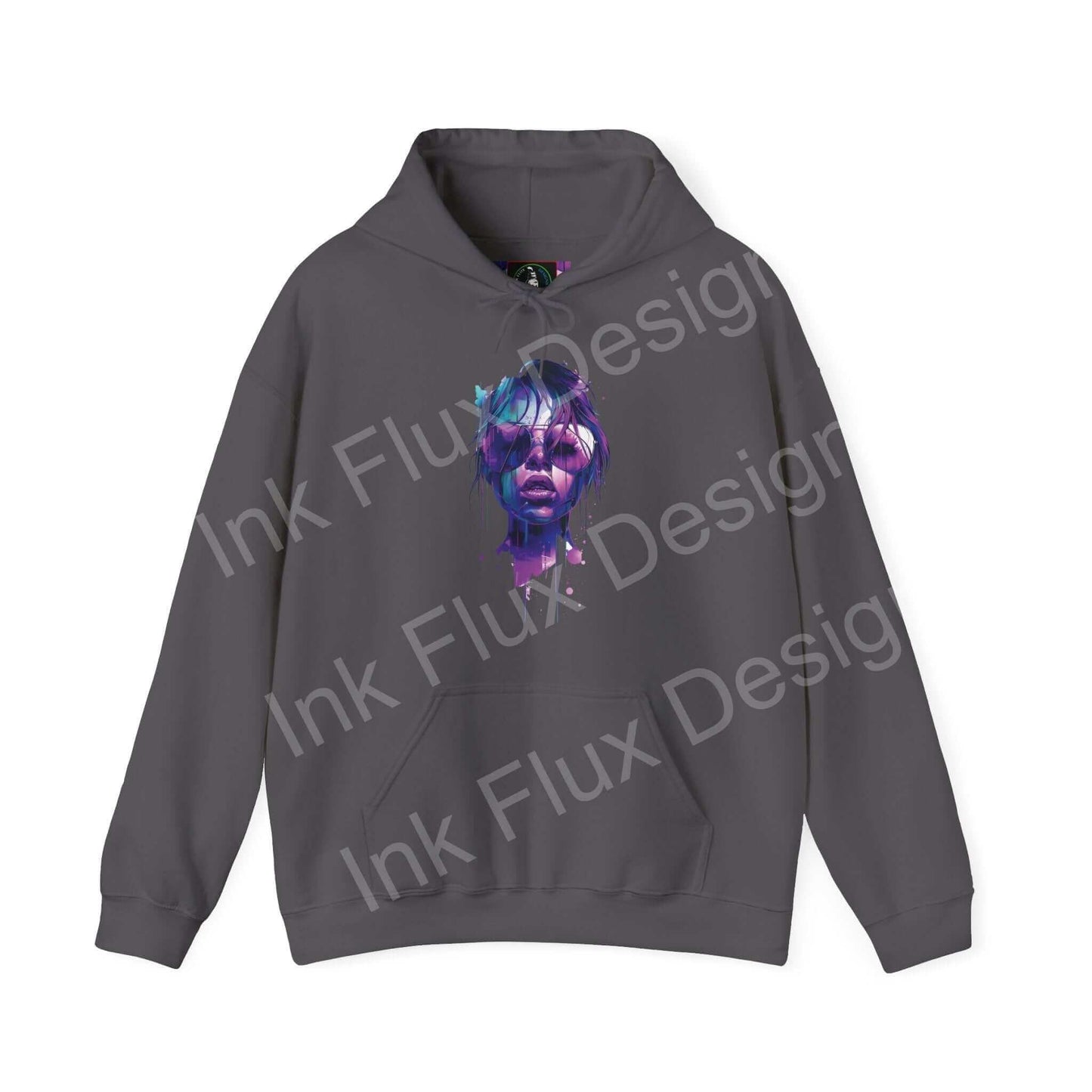 Unisex charcoal gray hoodie with a vibrant purple graphic design, from the "Cool Shades" collection, showcasing bold, artistic flair.
