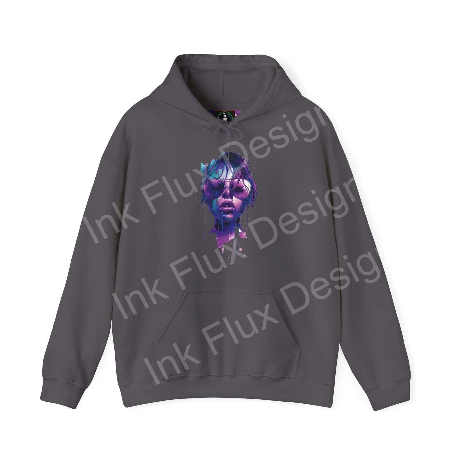 Unisex charcoal gray hoodie with a vibrant purple graphic design, from the "Cool Shades" collection, showcasing bold, artistic flair.