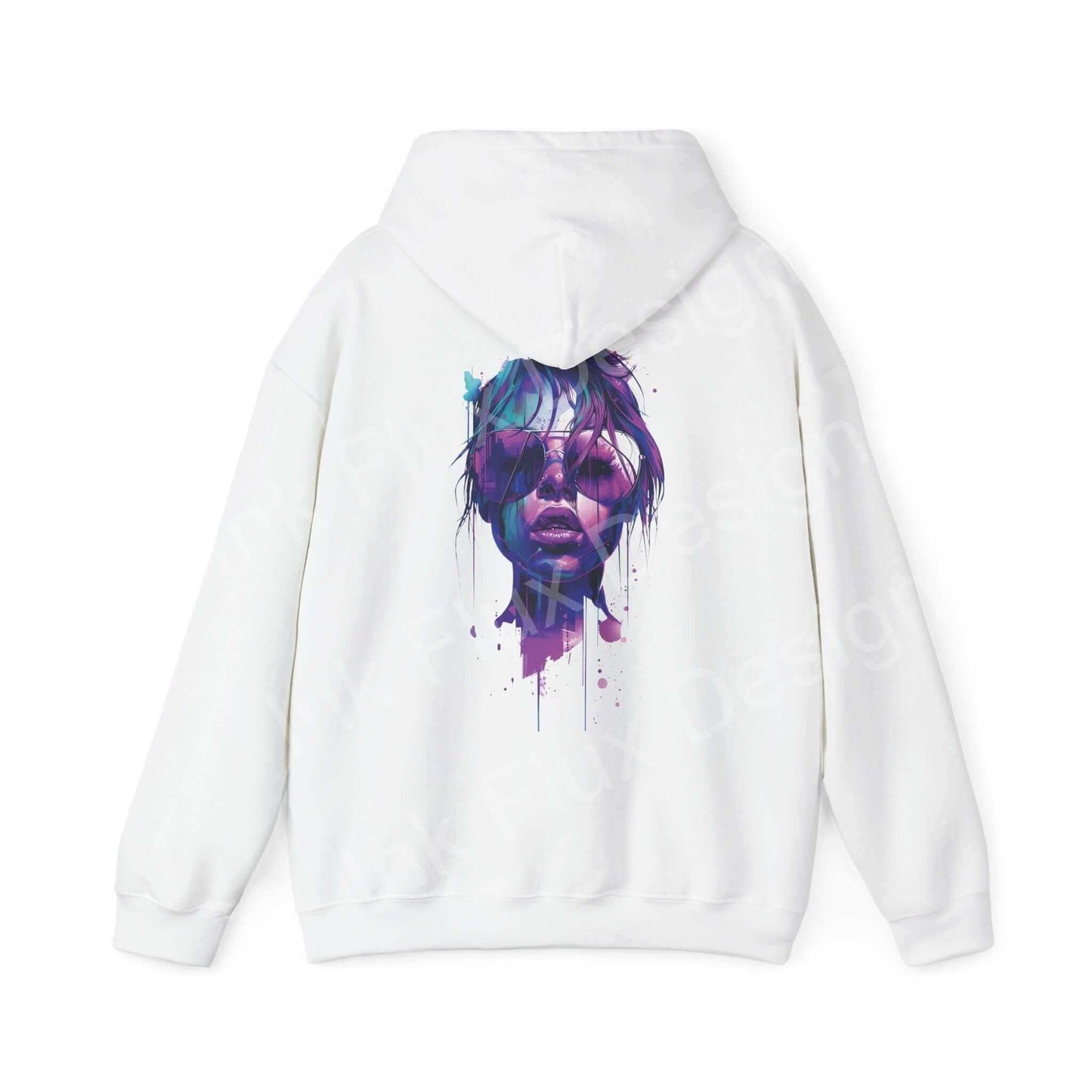White graphic hoodie featuring a bold, colorful illustration of a face with artistic splatter design, ideal for stylish, casual wear.