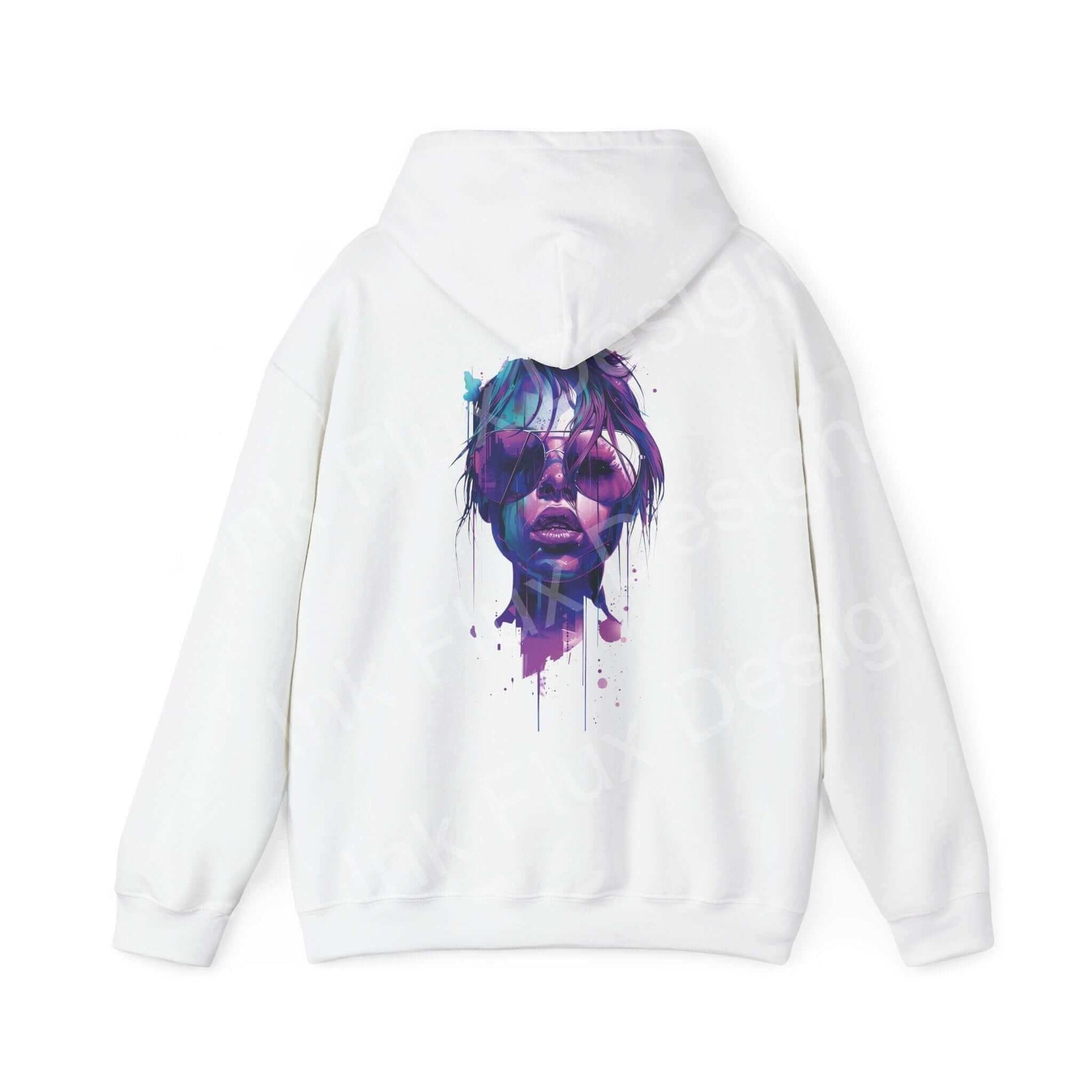 White graphic hoodie featuring a bold, colorful illustration of a face with artistic splatter design, ideal for stylish, casual wear.