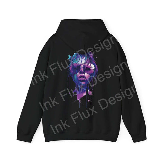 Back view of Cool Shades graphic hoodie featuring a bold, colorful face design on black fabric, ideal for stylish, casual wear.