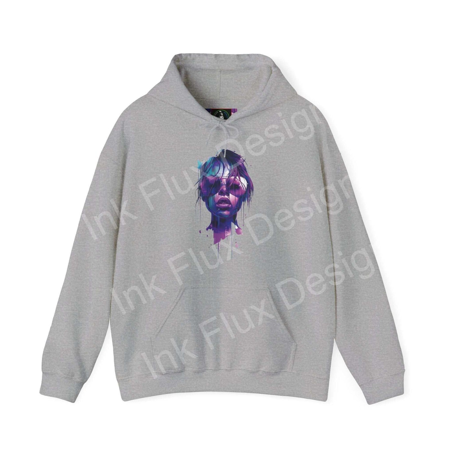 Unisex gray hooded sweatshirt with a bold graphic print of a purple ink face design, blending style and comfort.