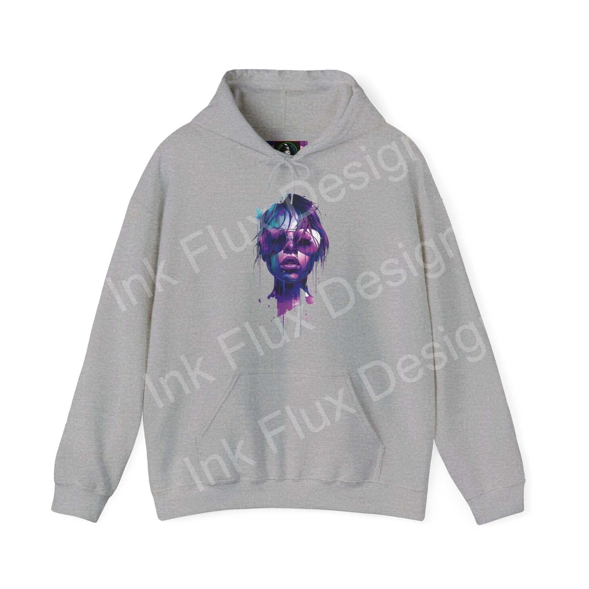 Unisex gray hooded sweatshirt with a bold graphic print of a purple ink face design, blending style and comfort.