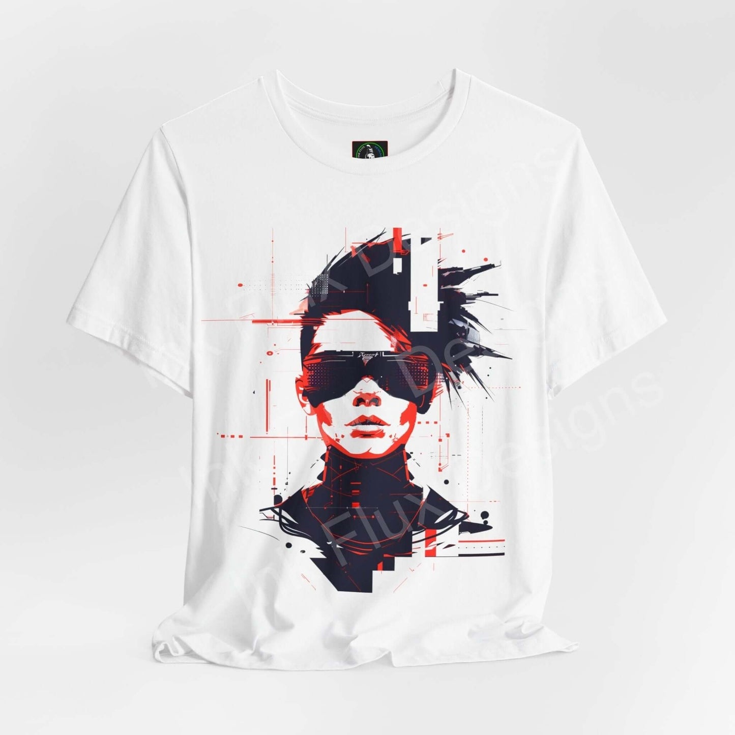 Cyberpunk-themed graphic tee featuring a stylized portrait with sunglasses on a white, breathable cotton shirt by Bella+Canvas.