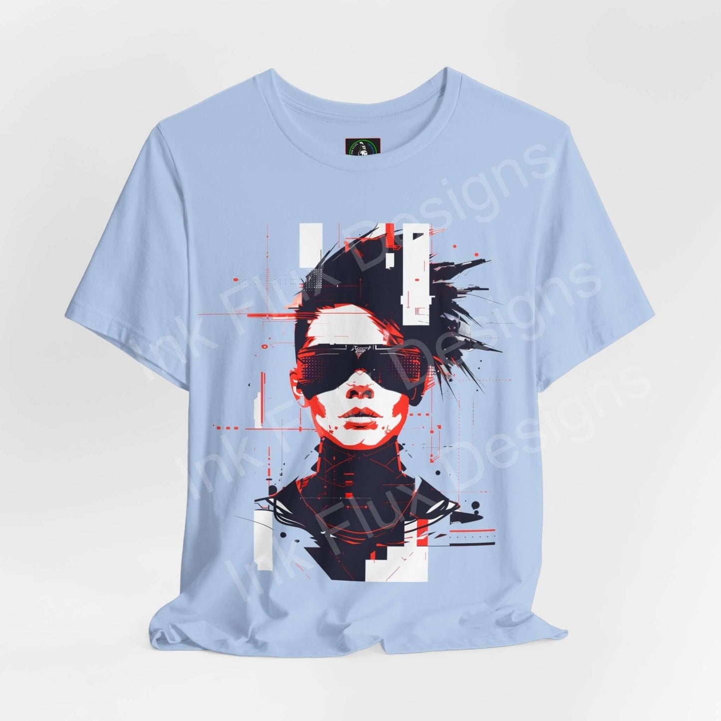Light blue unisex T-shirt featuring a cyberpunk graphic design with red and black accents, made from breathable Airlume cotton.