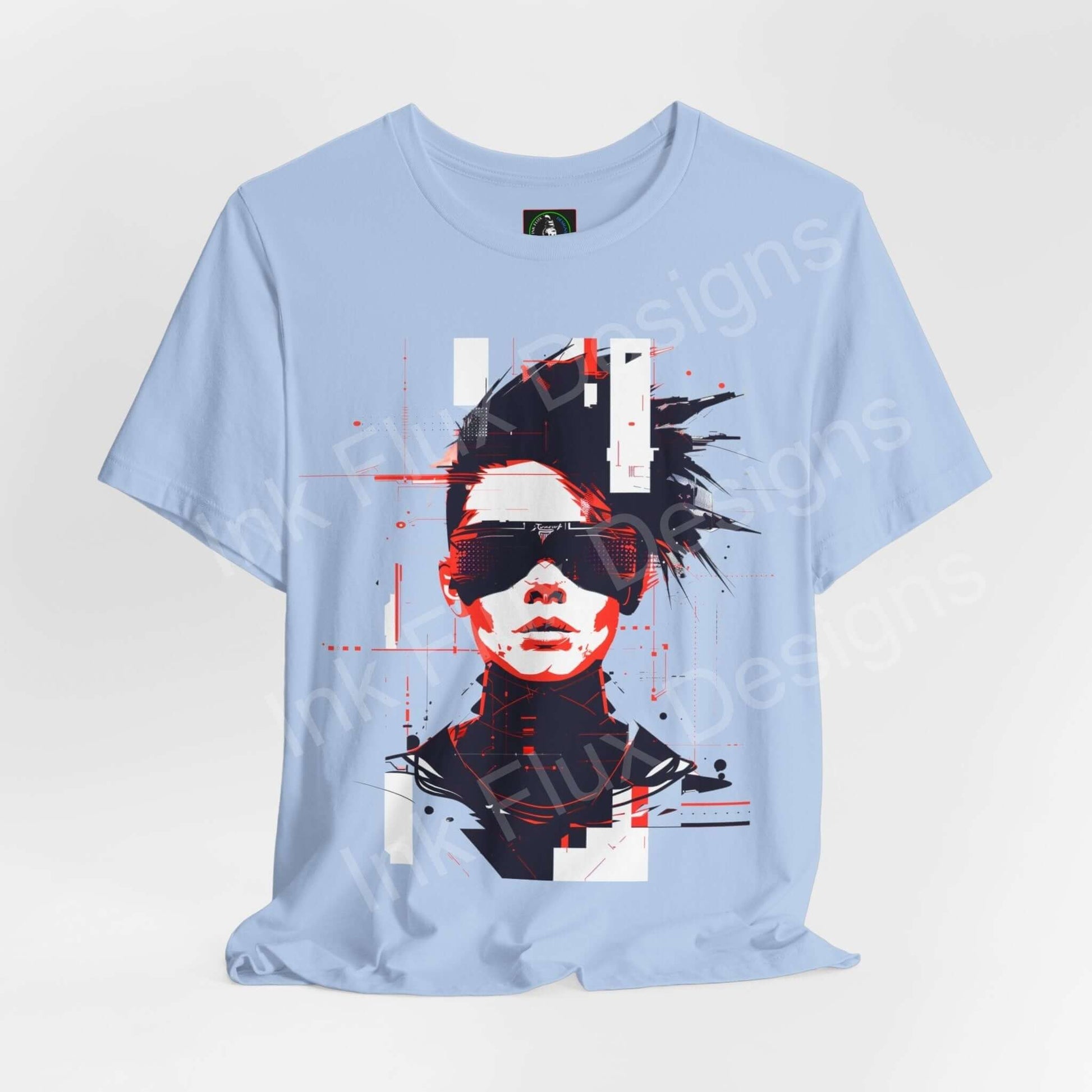Light blue unisex T-shirt featuring a cyberpunk graphic design with red and black accents, made from breathable Airlume cotton.