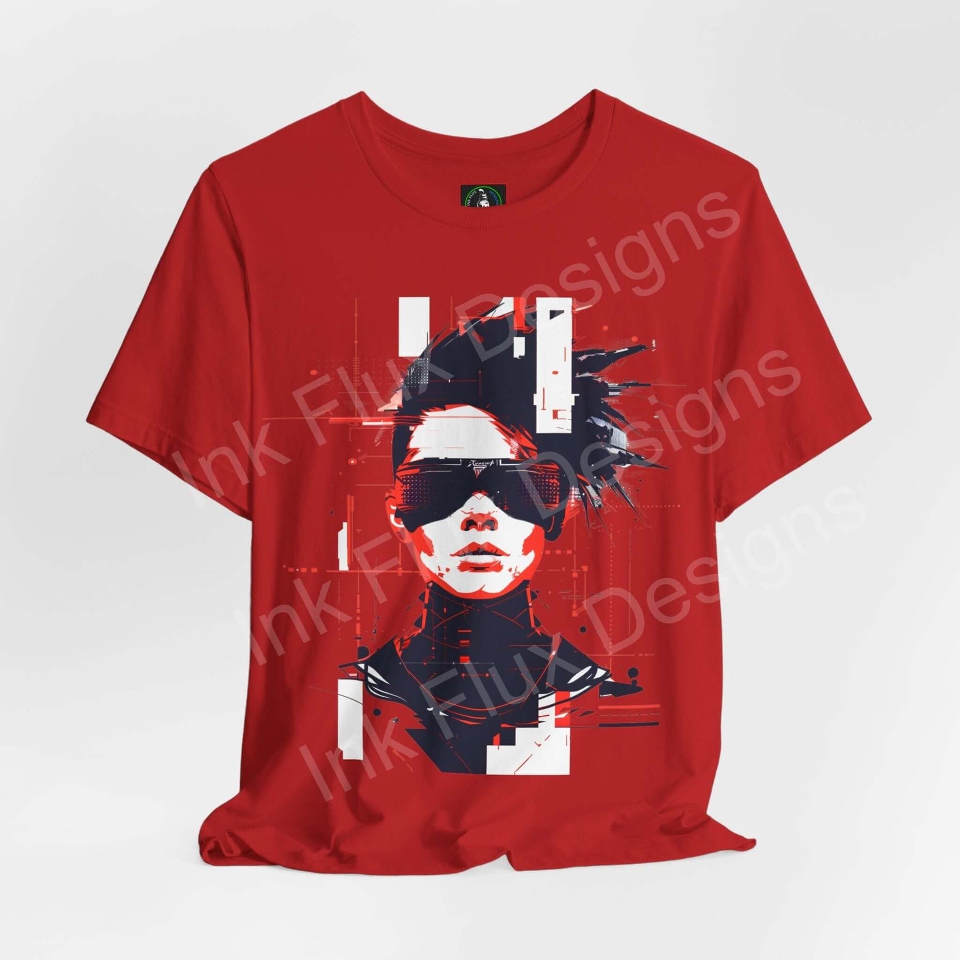 Red cyberpunk graphic tee featuring a stylized portrait with sunglasses, designed for both comfort and style
