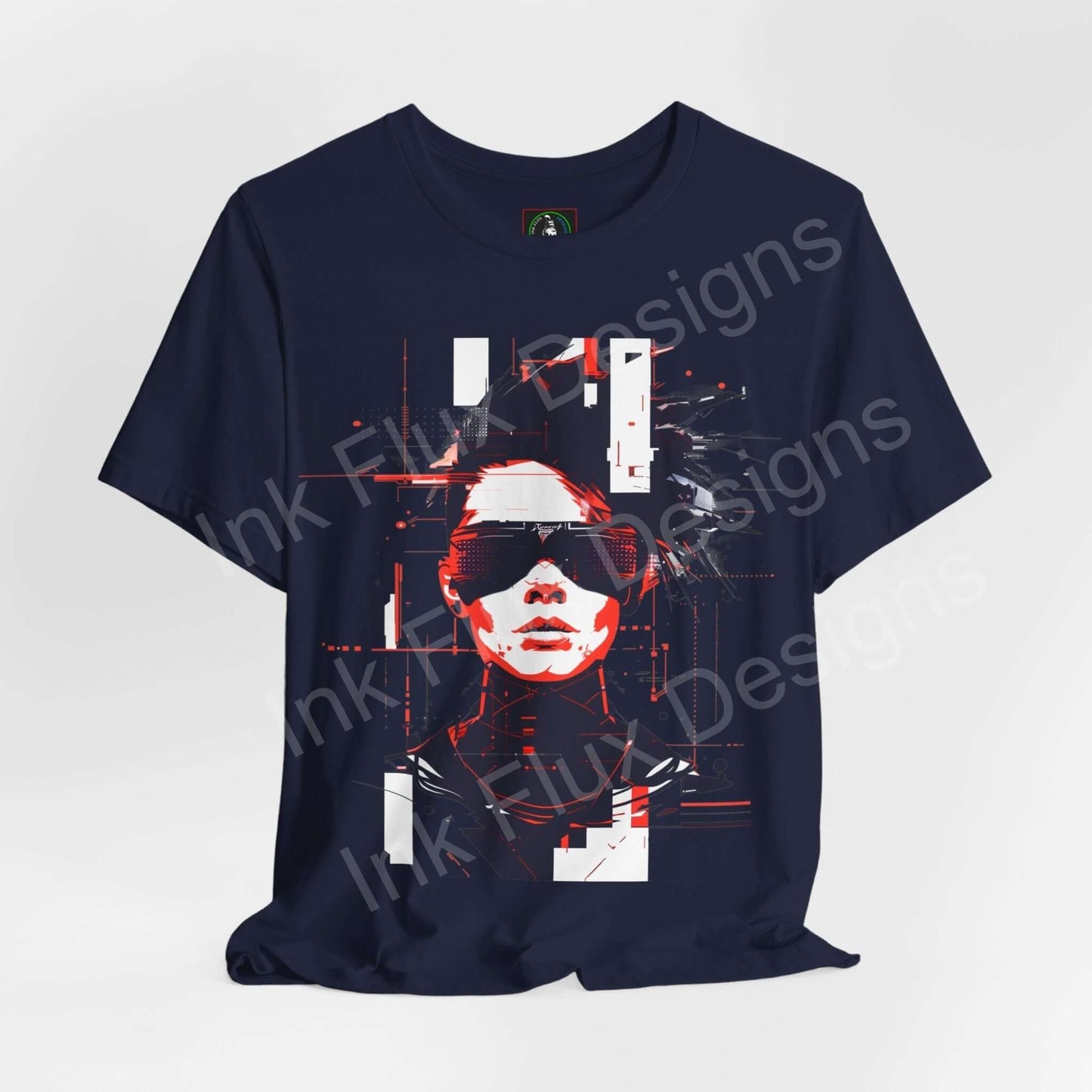 Cyberpunk graphic tee featuring a futuristic red and white design on a dark navy shirt, ideal for T-shirt enthusiasts seeking a blend of style and comfort.