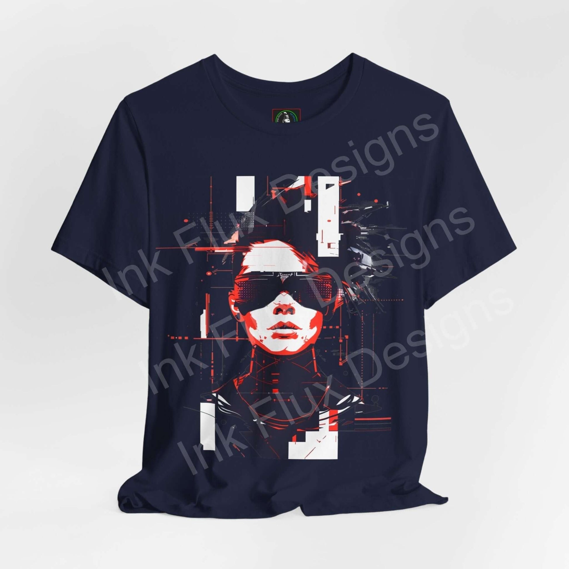 Cyberpunk graphic tee featuring a futuristic red and white design on a dark navy shirt, ideal for T-shirt enthusiasts seeking a blend of style and comfort.
