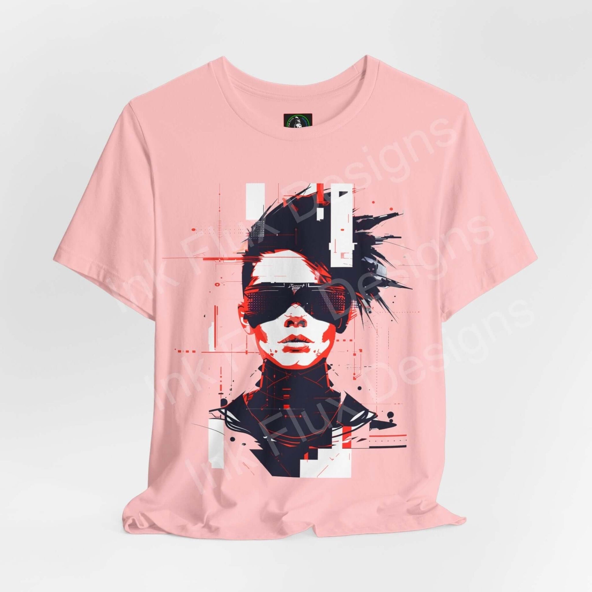 Pink unisex T-shirt featuring a cyberpunk graphic print of a stylized face with abstract elements, from Bella+Canvas.