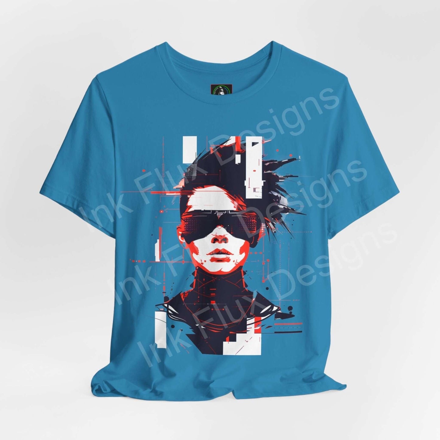 Cyberpunk graphic tee in blue featuring abstract face design, part of the Cool Shades II unisex jersey T-shirt collection.