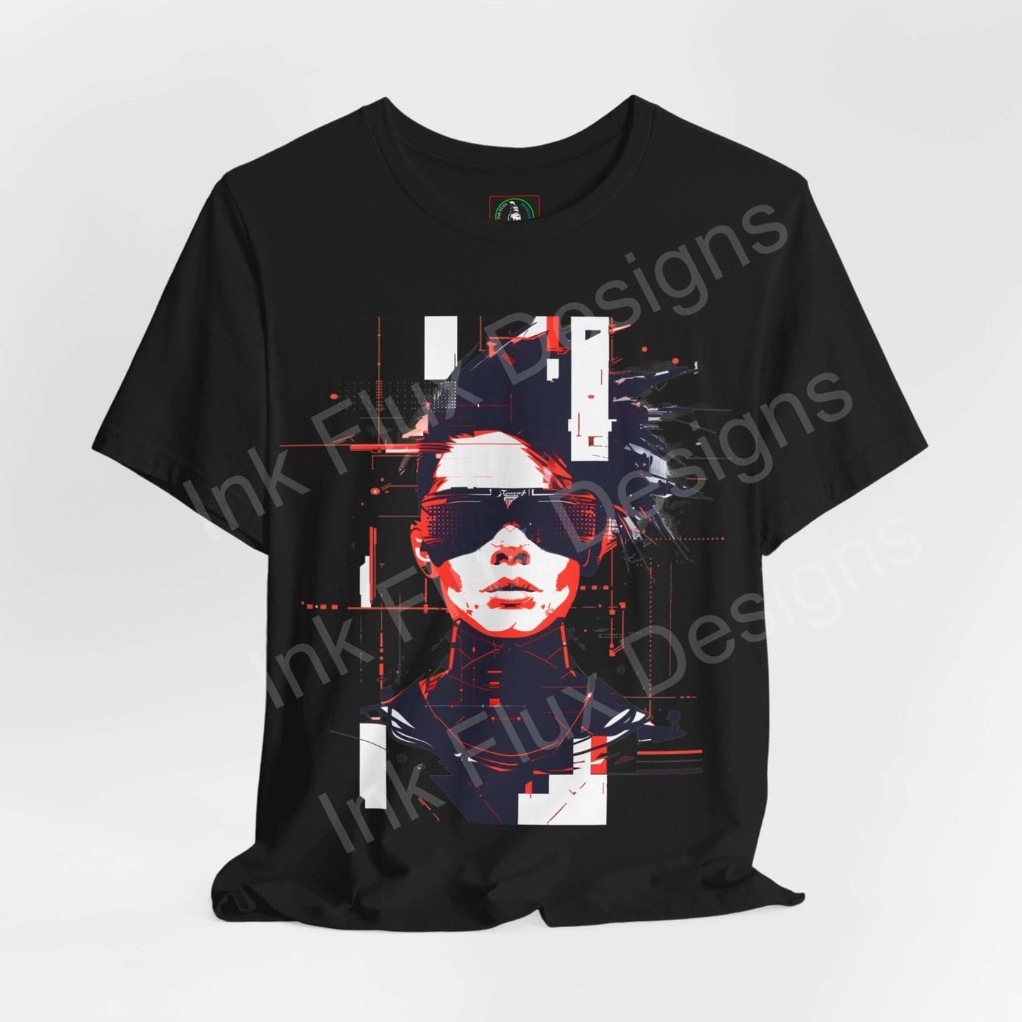 Black cyberpunk graphic tee featuring a vibrant red and white digital face design, from the Cool Shades II collection, perfect for any casual occasion.