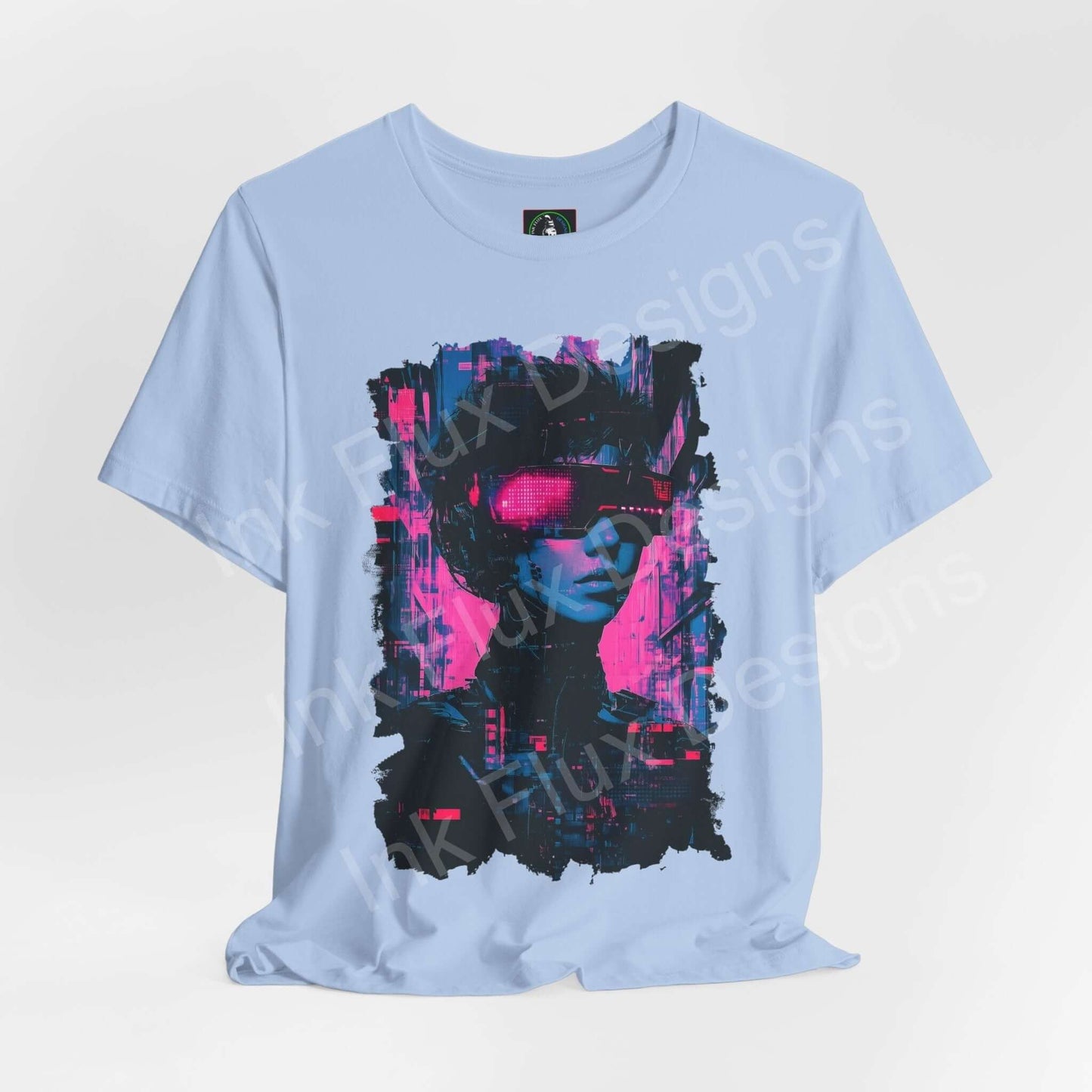 Light blue unisex T-shirt featuring a vibrant cyberpunk graphic design with neon pink accents, from Bella+Canvas.