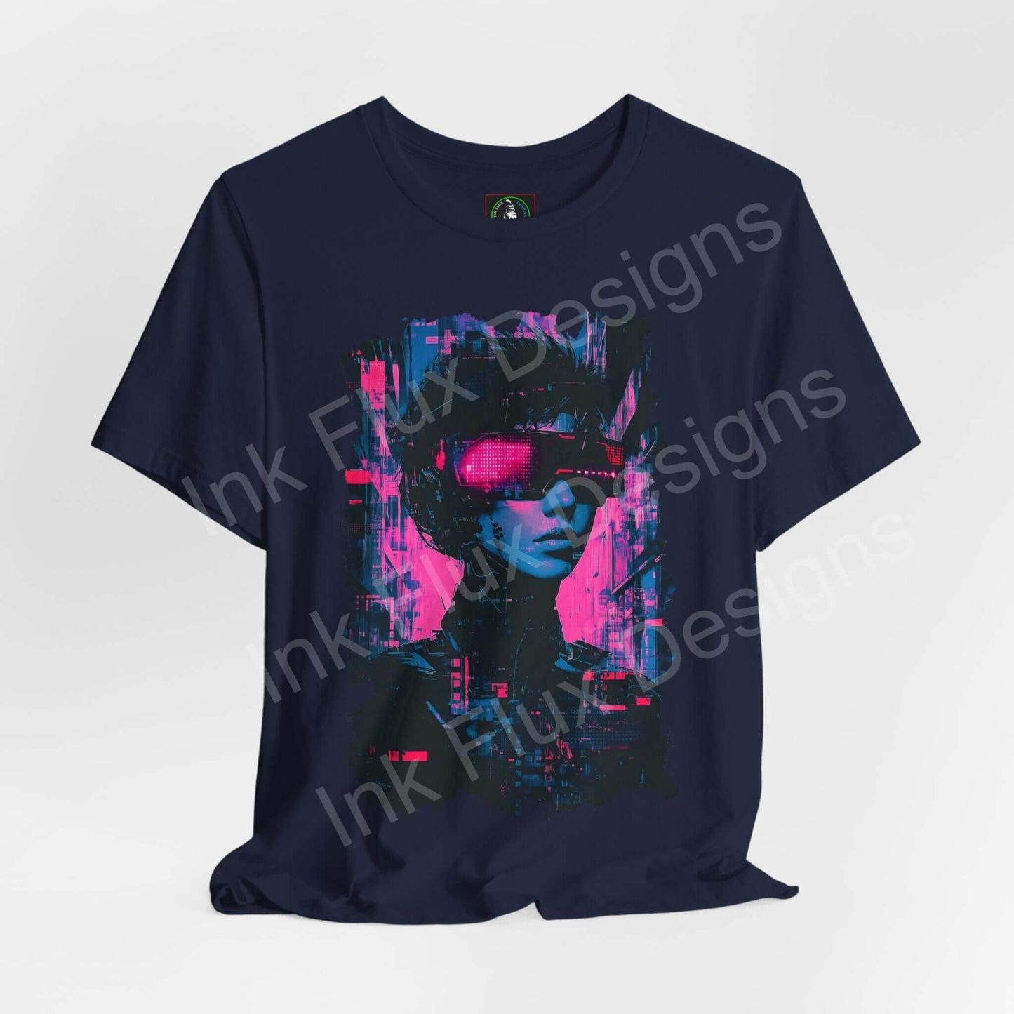 Graphic Tee featuring a cyberpunk design with a neon cityscape and a futuristic female character, styled for unisex fashion.
