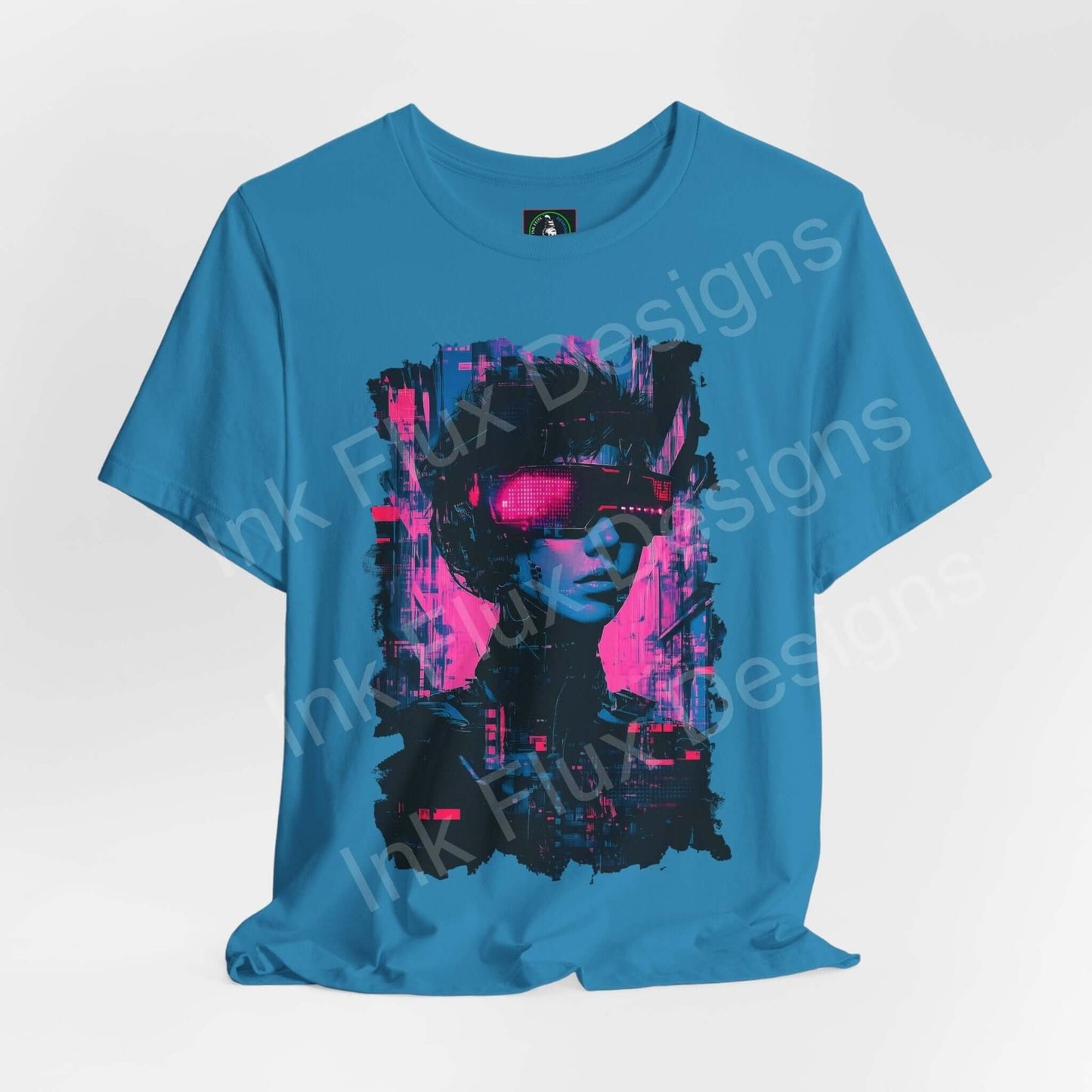 Cyberpunk-themed graphic tee featuring bold pink and black design on a blue unisex T-shirt from Bella+Canvas