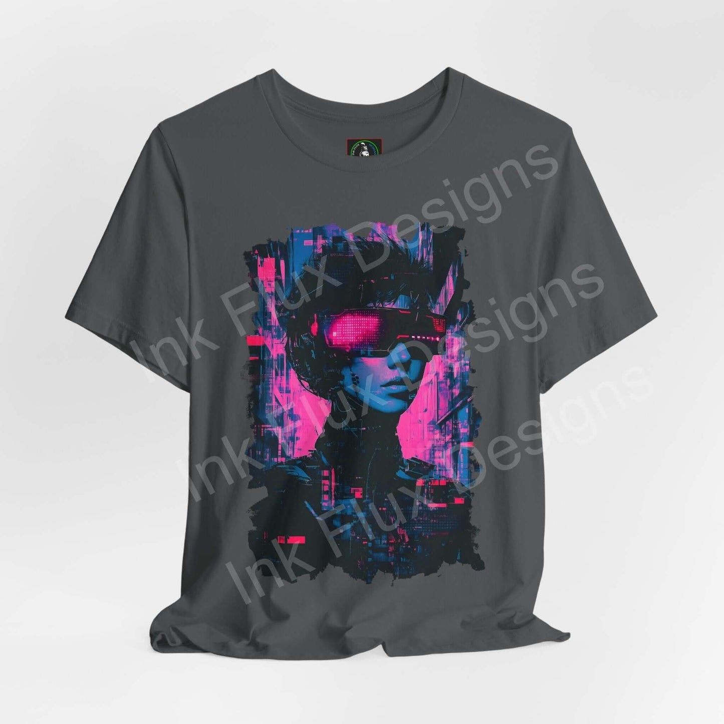 Gray unisex T-shirt featuring a vibrant cyberpunk graphic with neon pink highlights, ideal for fans of graphic tees.