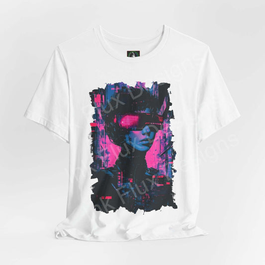 White unisex T-shirt featuring a bold cyberpunk graphic with vibrant pink and blue hues, styled and displayed on a plain background.