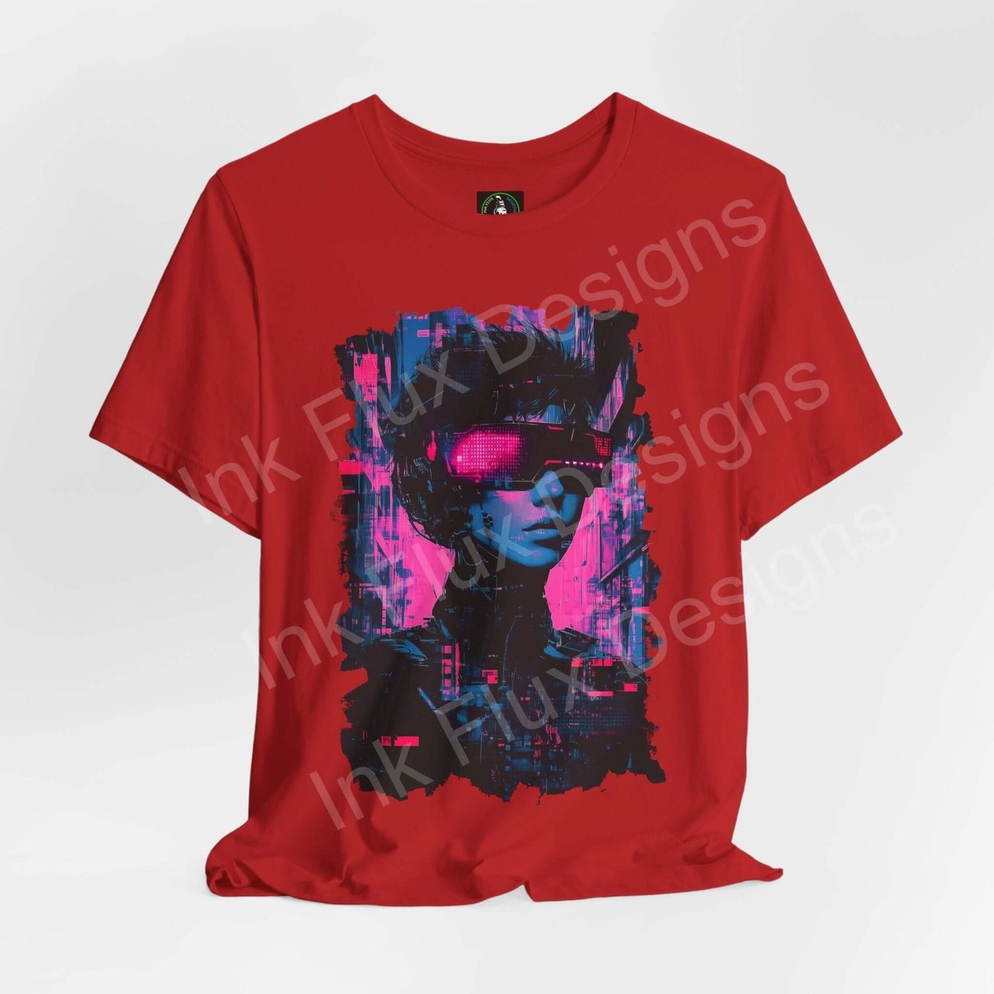 Red cyberpunk graphic tee featuring a futuristic design with neon pink accents, from Bella+Canvas's ethical T-shirt collection.