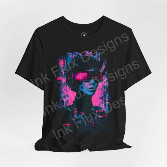 Black unisex T-shirt featuring a vibrant cyberpunk graphic with neon pink accents, perfect for fans of futuristic graphic tees.
