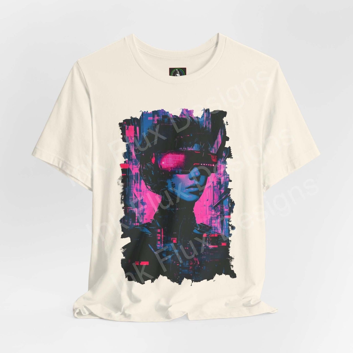 Cyberpunk graphic tee with vibrant neon artwork on a light beige T-shirt, showcasing a futuristic design, ideal for fans of unique, stylish graphic tees.