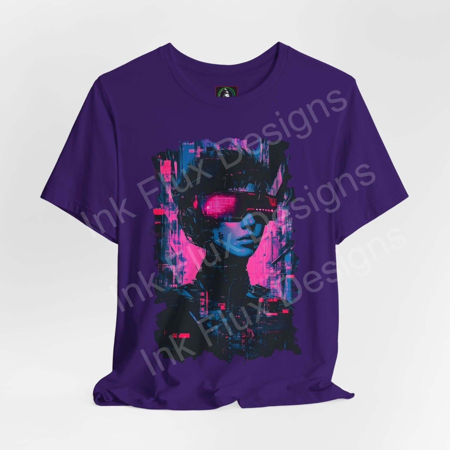 Purple Cool Shades III graphic tee featuring vibrant cyberpunk design with pink highlights on unisex jersey T-shirt by Bella+Canvas.