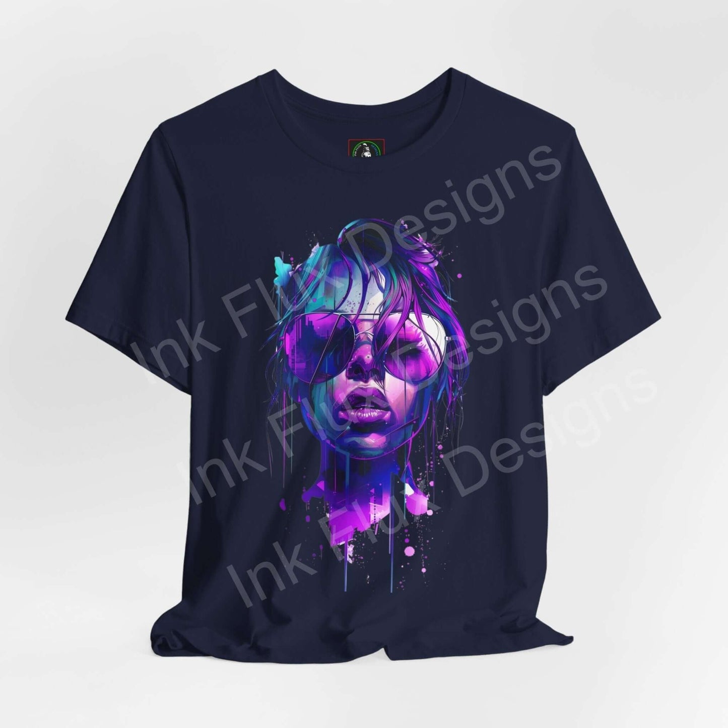 Navy blue graphic tee with vibrant cyberpunk-inspired female design, showcasing futuristic styles for unisex fashion.
