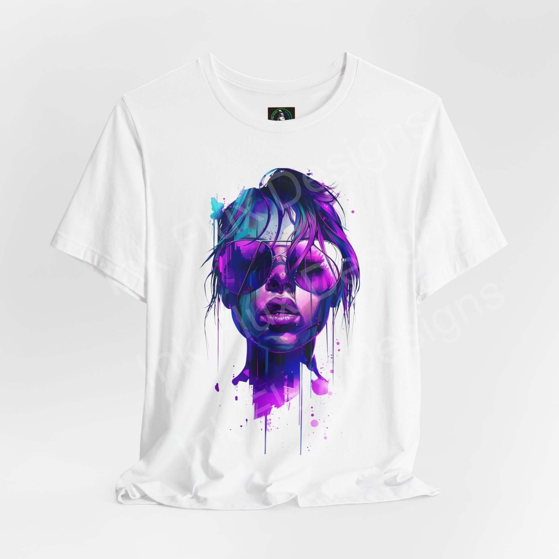 Cyberpunk graphic tee featuring a vibrant, abstract face design in purple and blue on a white unisex T-shirt.