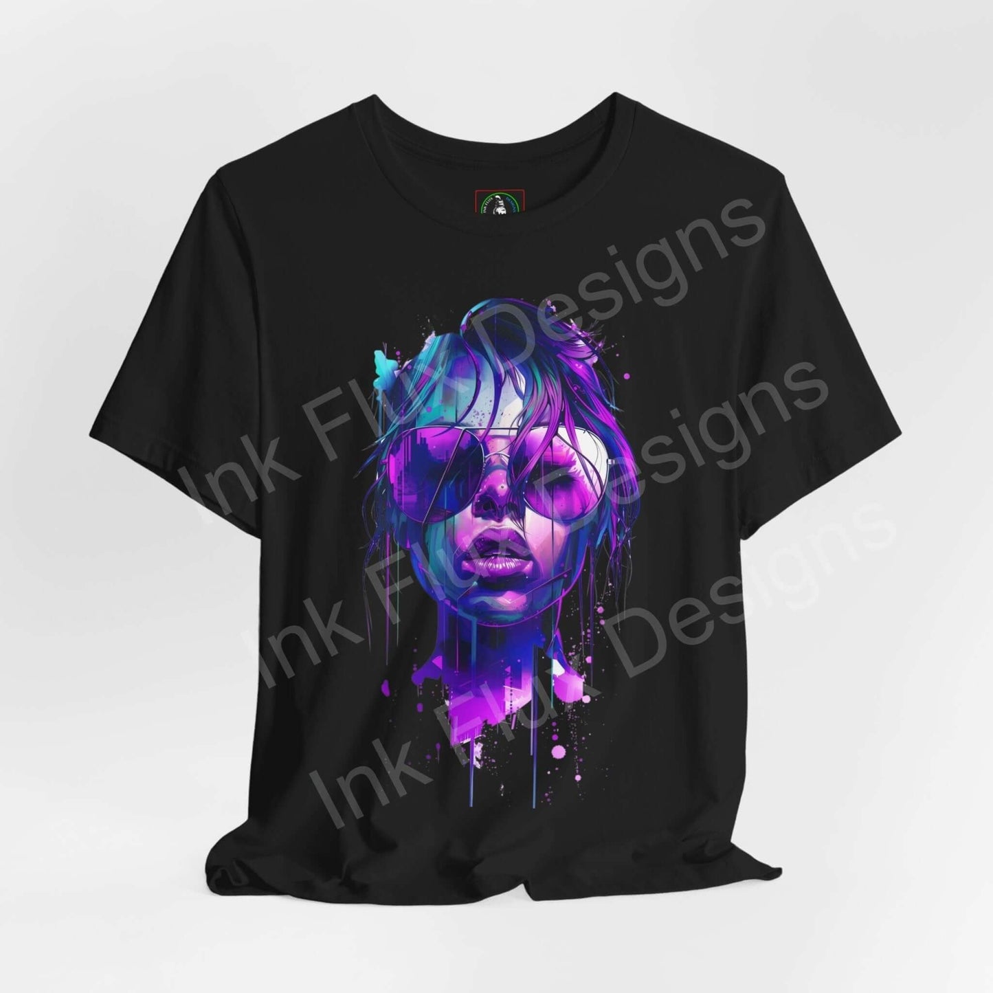 Black unisex T-shirt featuring a vibrant cyberpunk graphic design with a female portrait in neon purple and blue, ideal for fans of graphic tees.