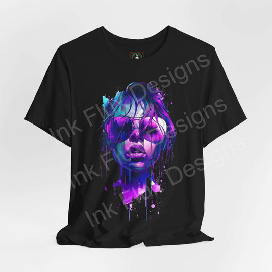 Black unisex T-shirt featuring a vibrant cyberpunk graphic design with a female portrait in neon purple and blue, ideal for fans of graphic tees.