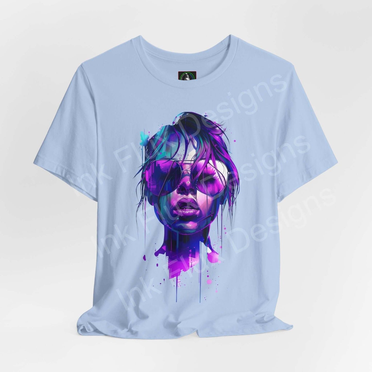 Light blue unisex T-shirt featuring a vibrant cyberpunk graphic design, perfect for fans of unique graphic tees.