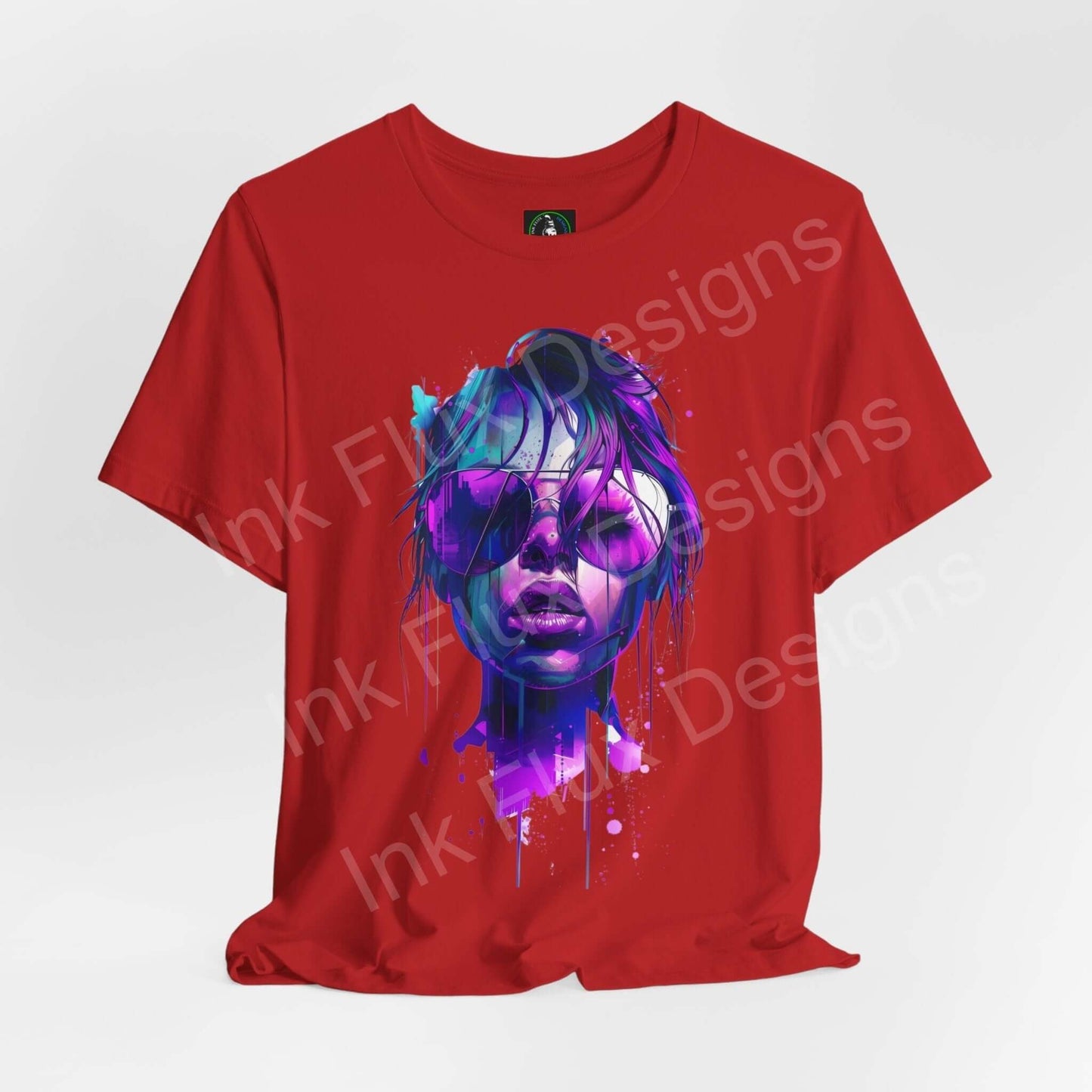 Red cyberpunk graphic tee featuring a vibrant, abstract female face design, ideal for styling with both casual and trendy outfits.