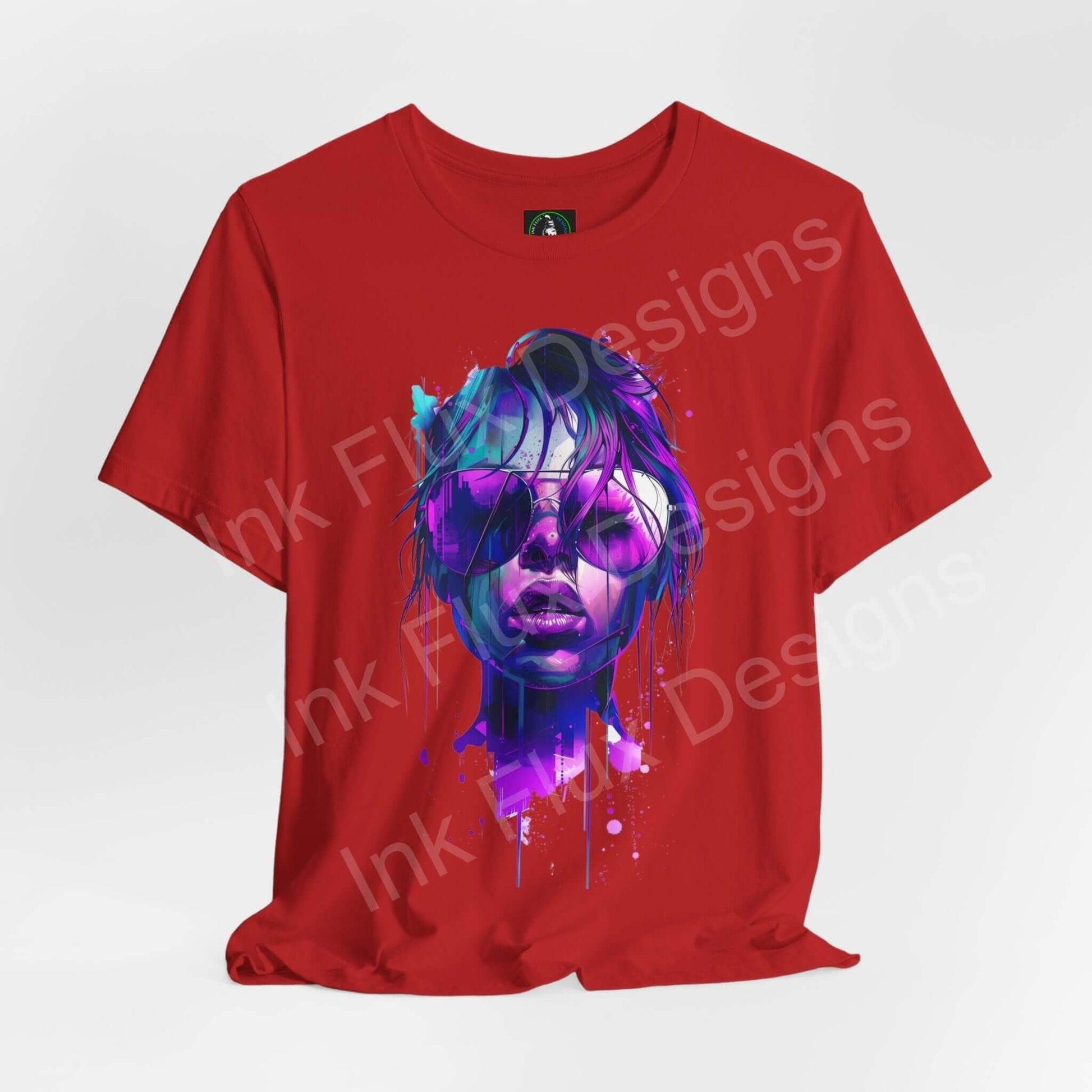 Red cyberpunk graphic tee featuring a vibrant, abstract female face design, ideal for styling with both casual and trendy outfits.