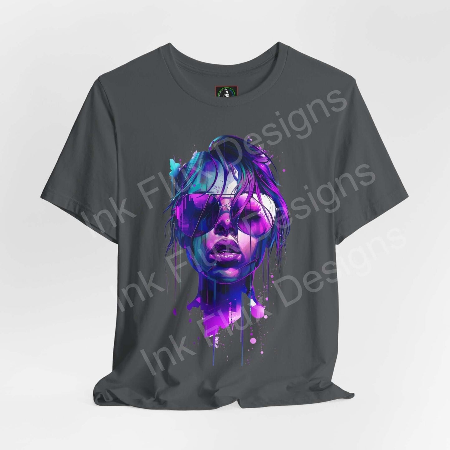 Cyberpunk-themed graphic tee featuring a vibrant, futuristic face design on a dark grey unisex shirt by Bella+Canvas, ideal for style and comfort.