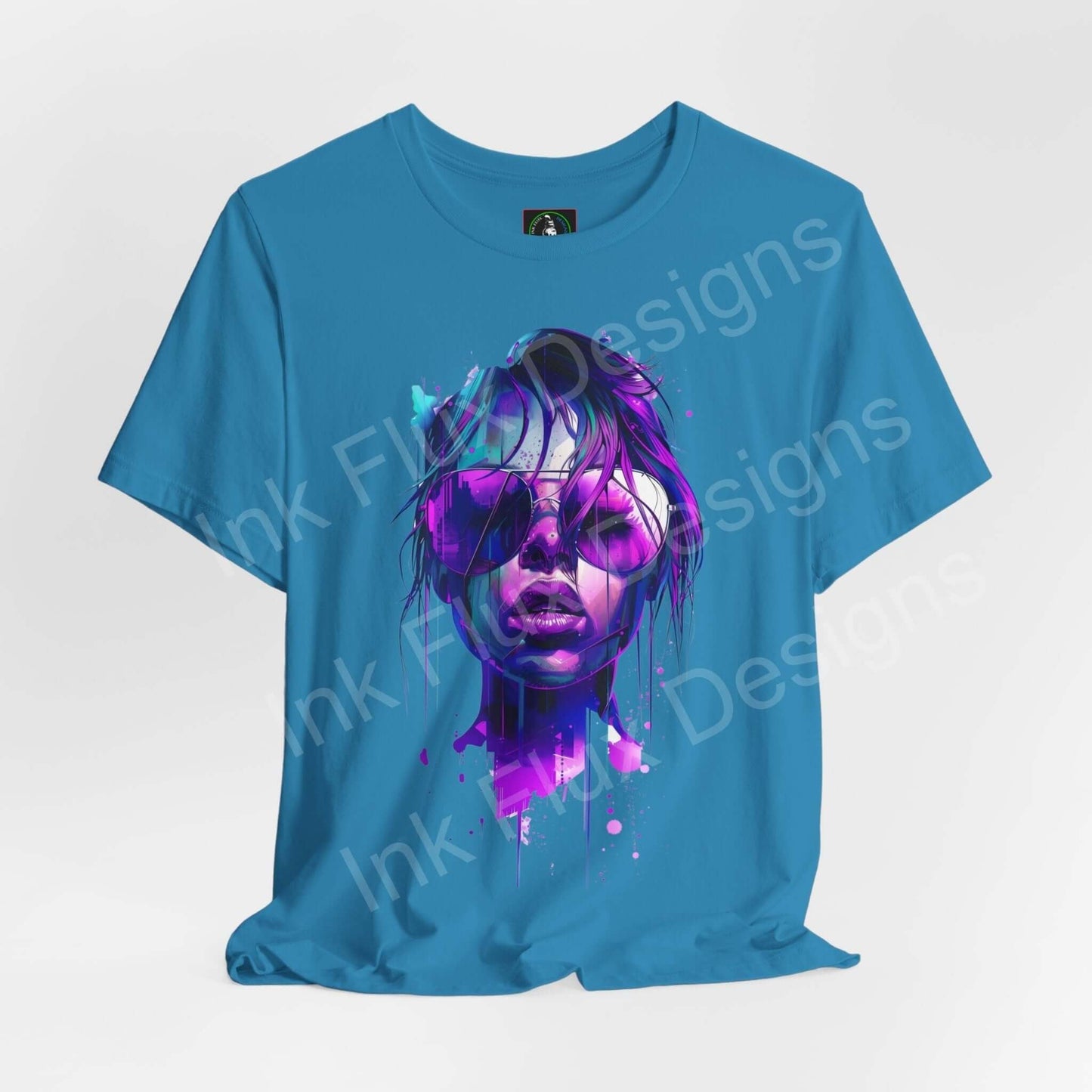 Cyberpunk-inspired graphic tee featuring a vibrant, dripping paint design on a blue unisex T-shirt, perfect for fans of unique, stylish shirts.