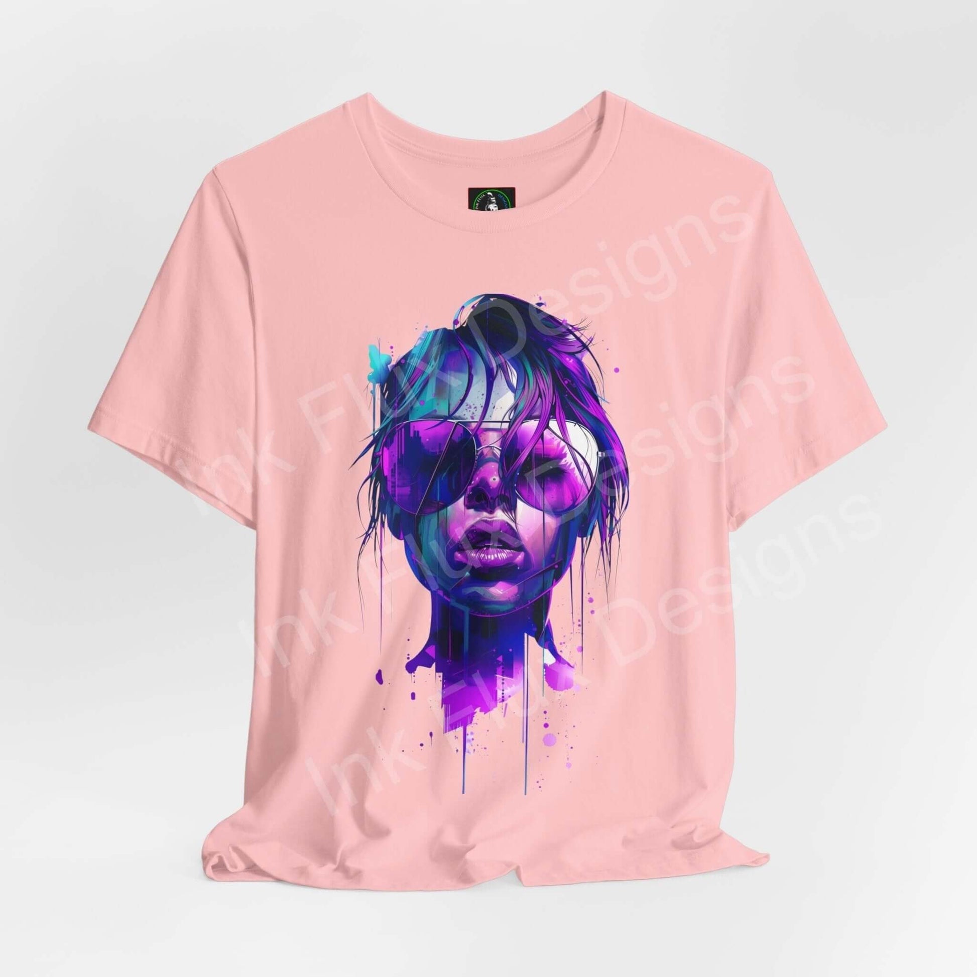 Pink unisex T-shirt featuring a cyberpunk graphic design with vibrant purple and blue accents, stylish for any casual occasion.