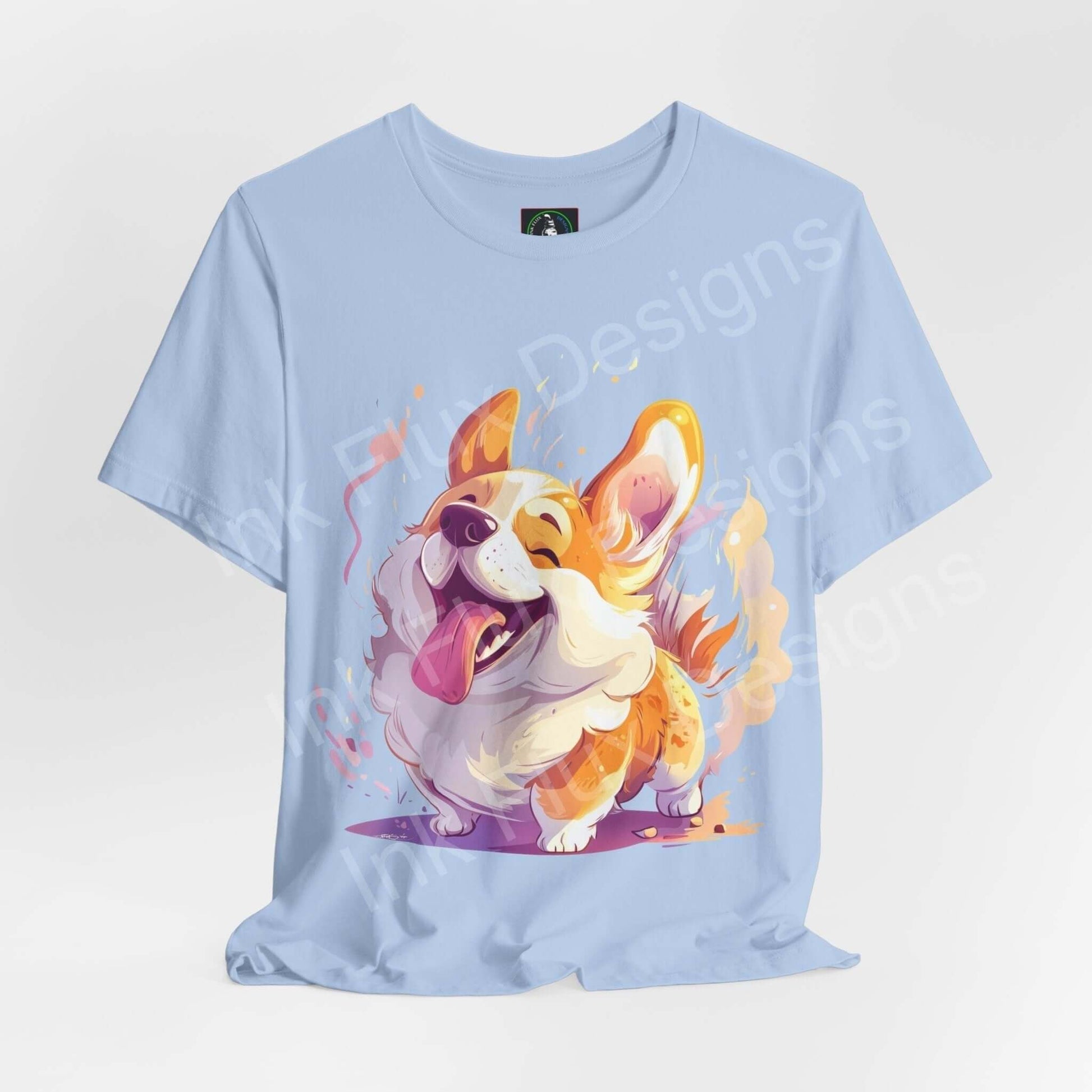 Light blue graphic tee featuring a joyful Corgi design, ideal for dog lovers and casual wear, showcasing sustainable and ethically made fabric.