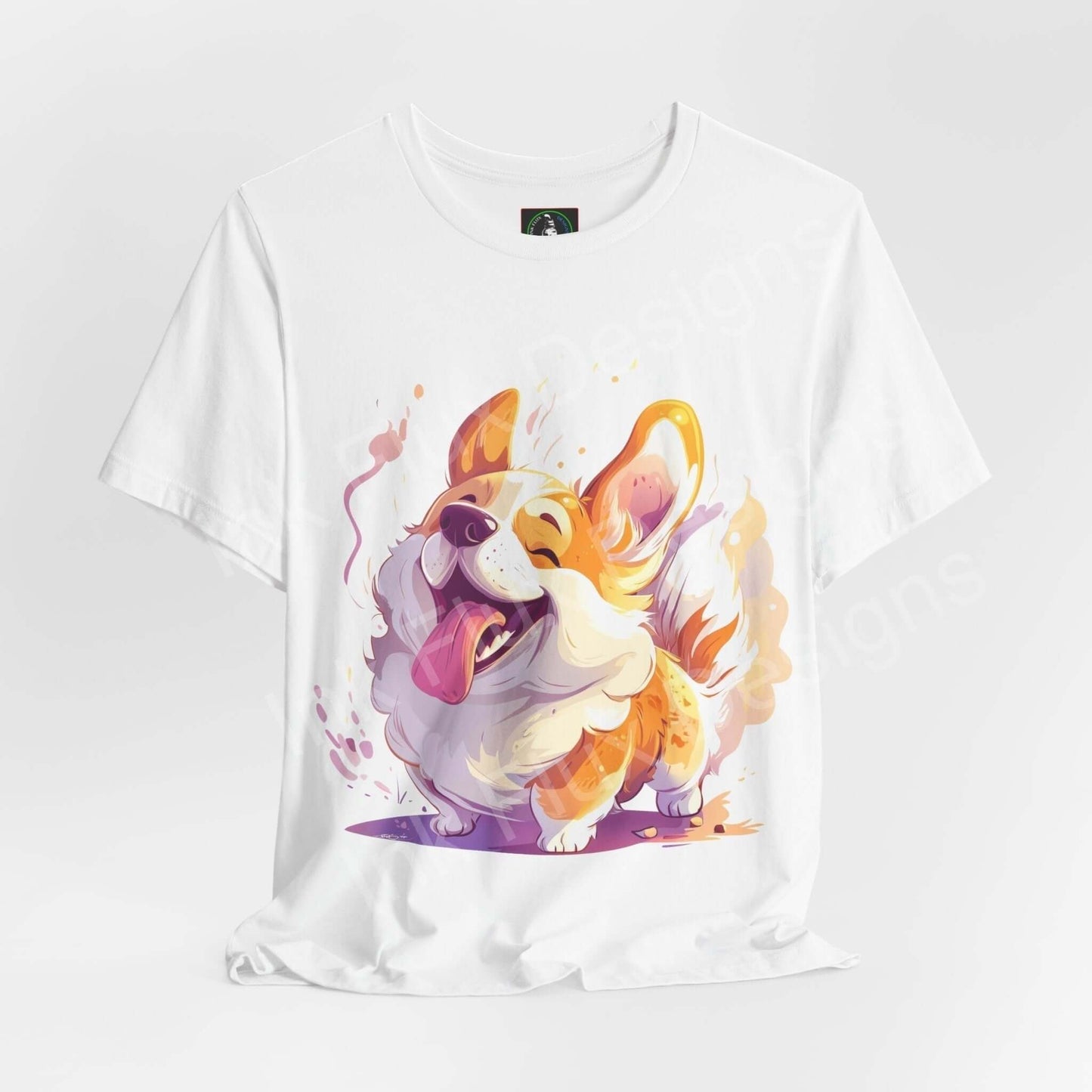 White unisex T-shirt with colorful graphic of a joyful Corgi, perfect for dog lovers, showcasing style and comfort.