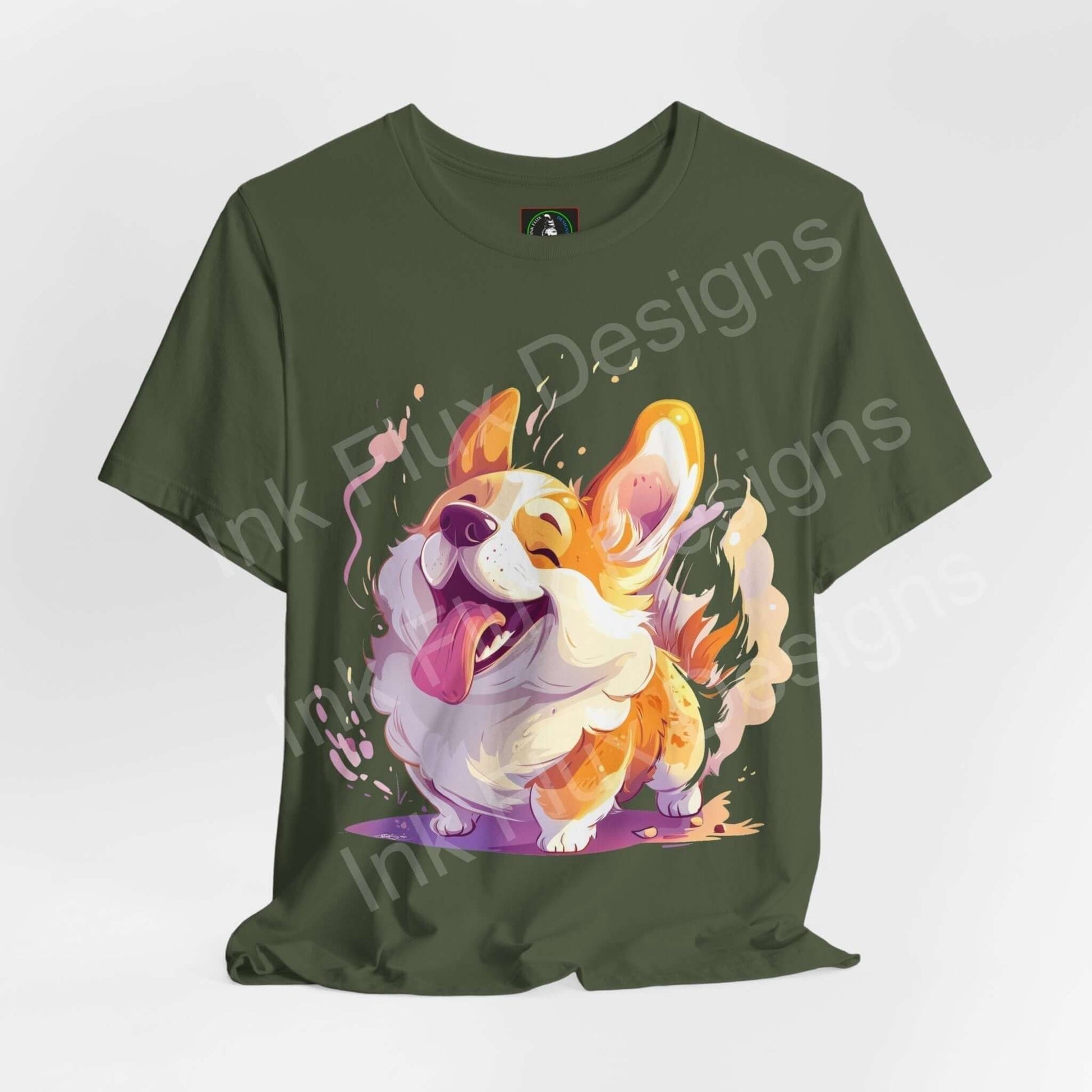 Green unisex graphic tee featuring a joyful Corgi in playful motion, perfect for dog lovers and T-shirt enthusiasts.
