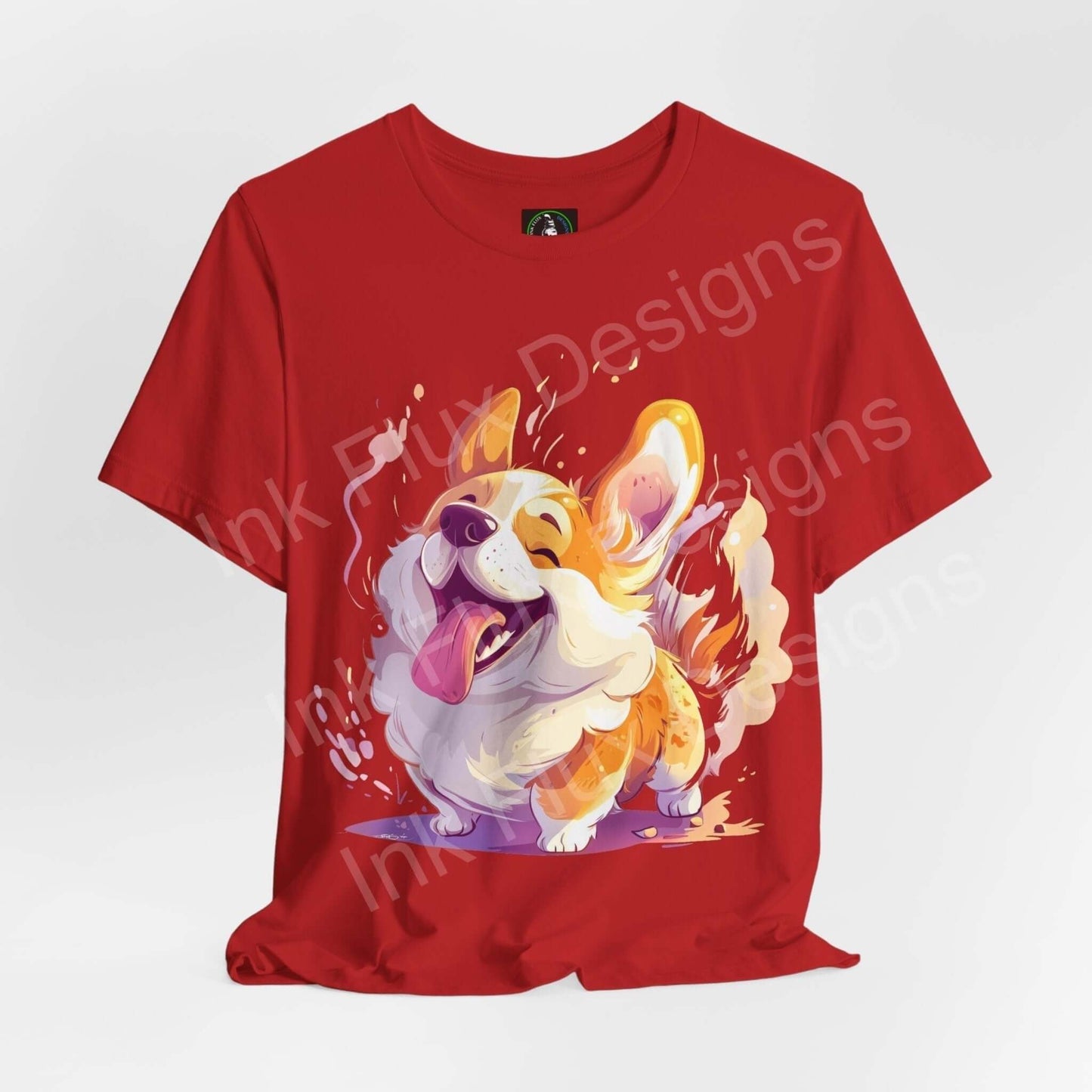 Red unisex t-shirt featuring a vibrant graphic of a joyful corgi, designed for style and comfort, perfect for dog lovers.