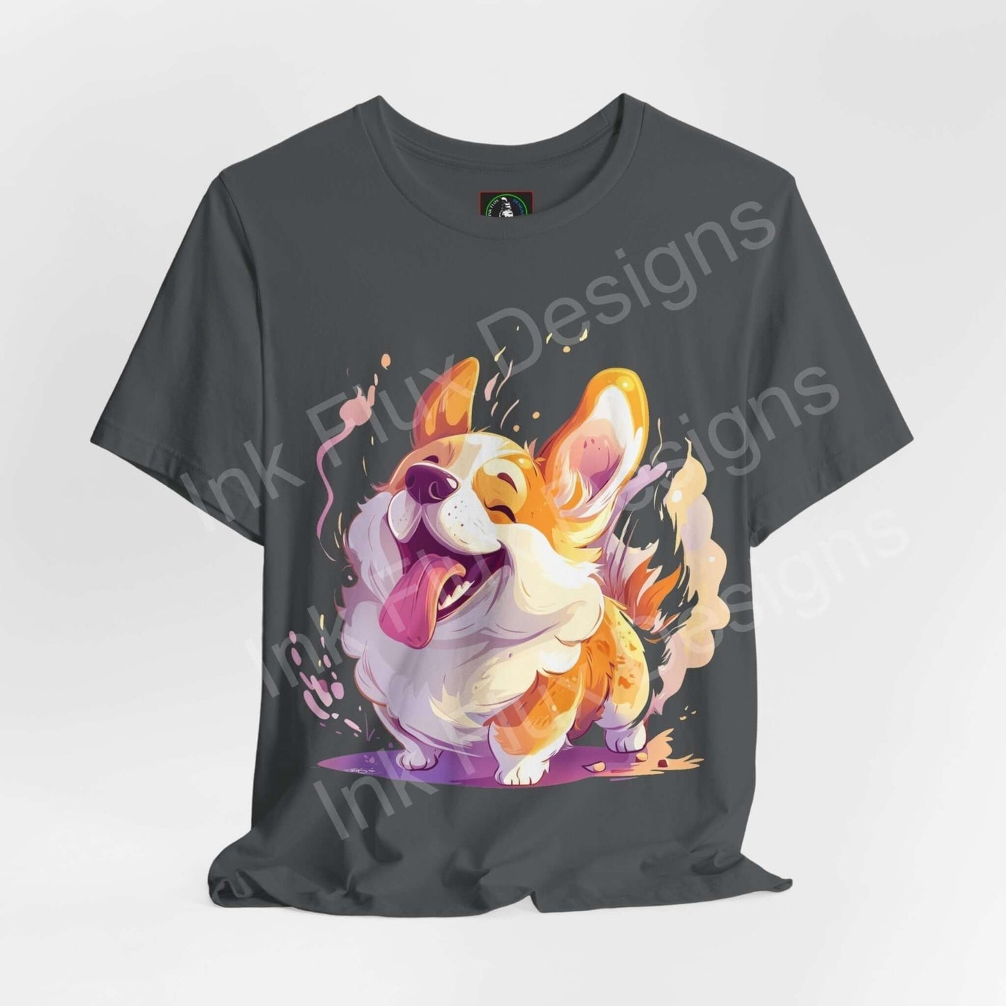 Charcoal gray unisex T-shirt featuring a vibrant graphic of a joyful corgi surrounded by colorful splashes, perfect for dog lovers and casual wear.