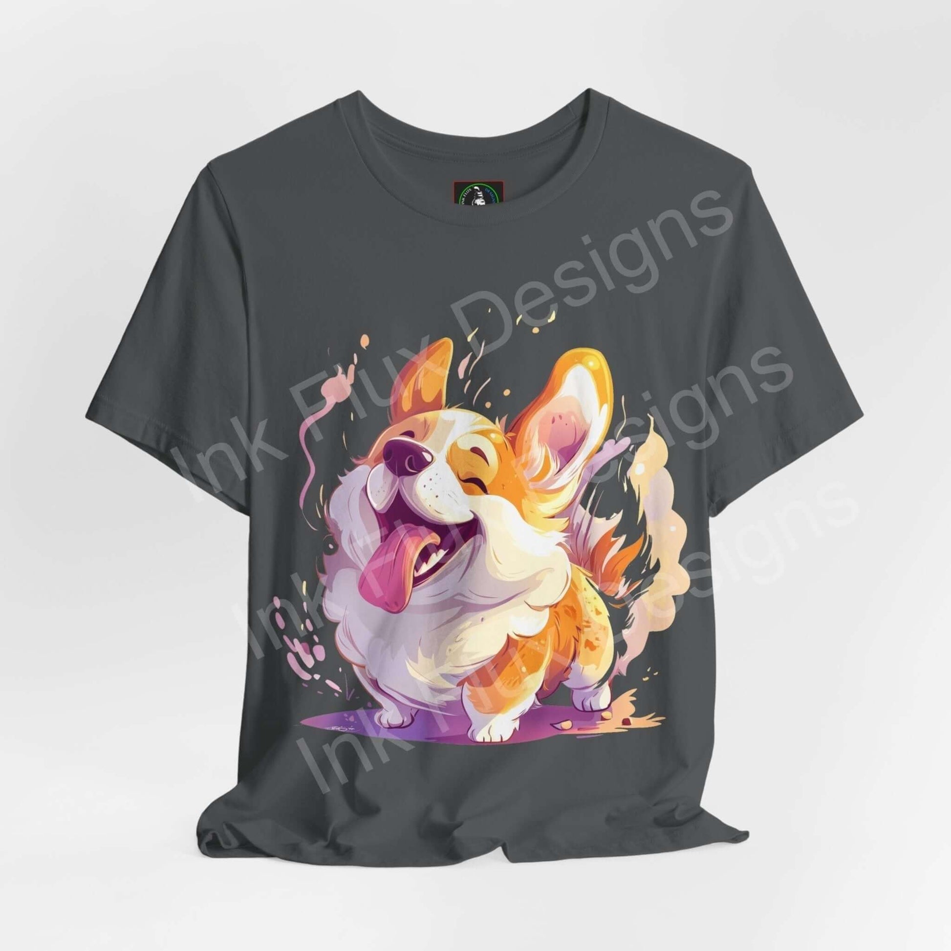 Charcoal gray unisex T-shirt featuring a vibrant graphic of a joyful corgi surrounded by colorful splashes, perfect for dog lovers and casual wear.
